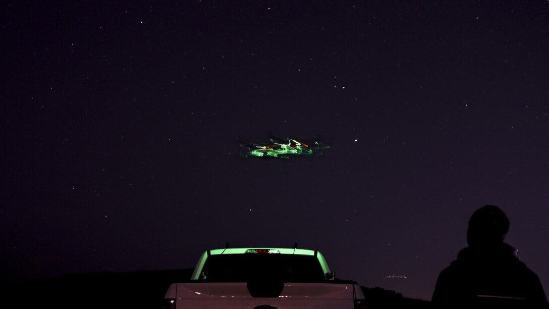 Marine Corps Air Station Miramar and Planck Aerosystems test the Shearwater drone capabilities during night time operations on East MCAS Miramar, Calif., Jan. 24. As an autonomous systems testbed, MCAS Miramar hosted the Shearwater drone system, which is capable of landing on moving vehicles and is primarily used to assist in security, search and rescue, convoy support and special operations by providing live aerial surveillance to the user. (U.S. Marine Corps Photo by Sgt. Sarah Ralph)