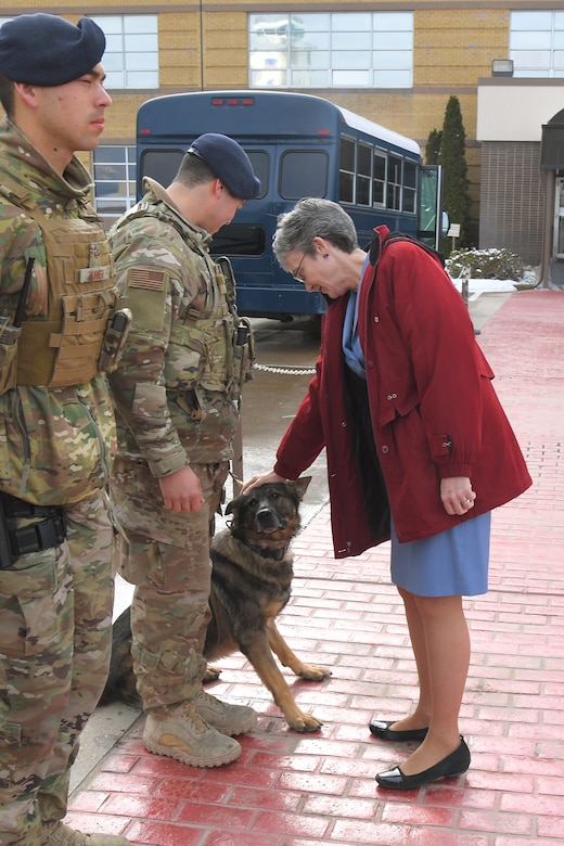 Air Force Secretary Heather Wilson, thanks Staff Sgt. Alexis Romero and “LORD,” 75th Security Forces Squadron, during a base visit, Jan. 24, 2019, at Hill Air Force Base, Utah. (U.S. Air Force photo by Todd Cromar)