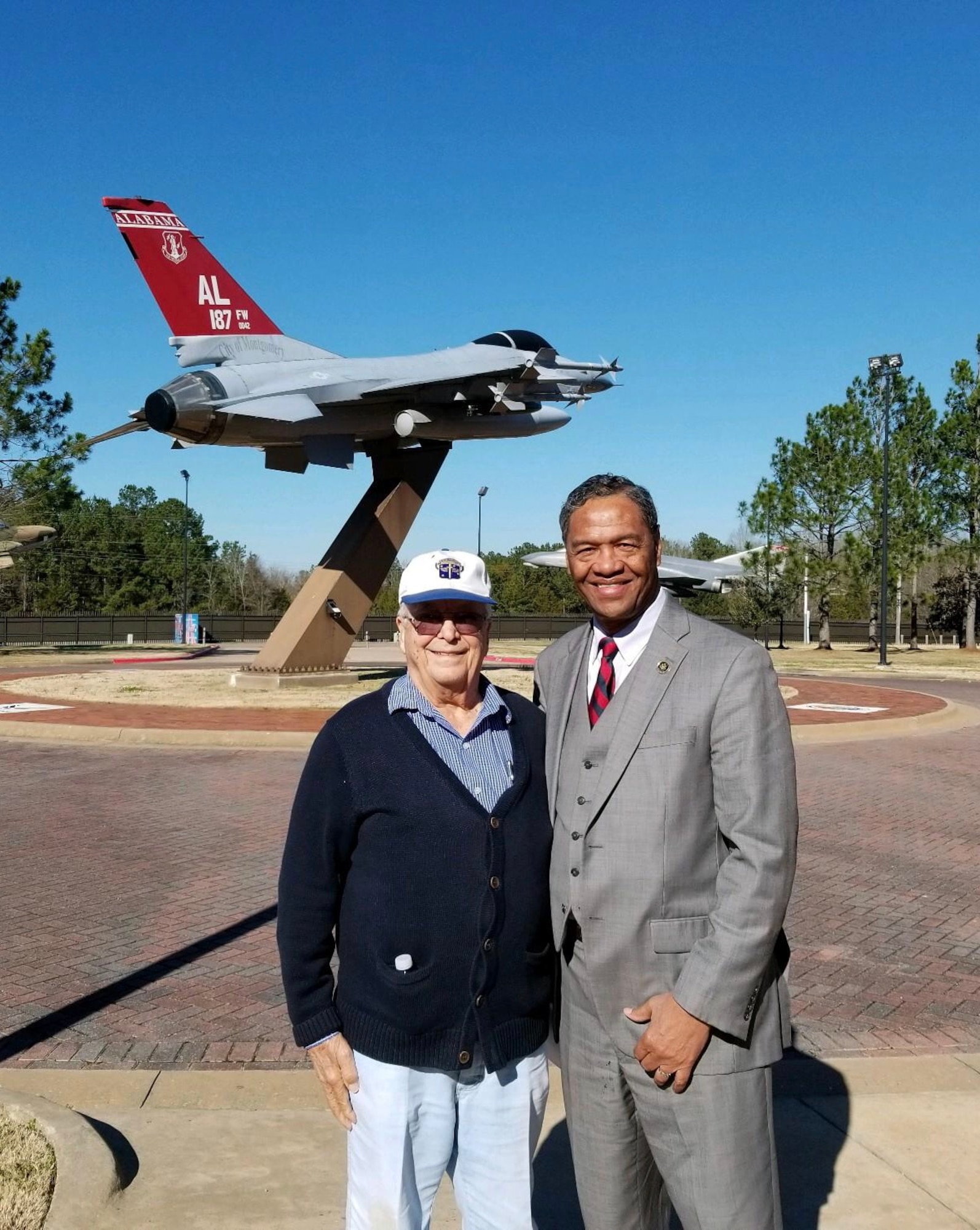 Retired Air Force Lt. Col. George Hardy (left), a former Tuskegee Airman, and retired Air Force Col. Roosevelt Lewis, president of the Tuskegee Chapter of the Tuskegee Airmen, Inc., visit Dannelly Field January 24, 2019.