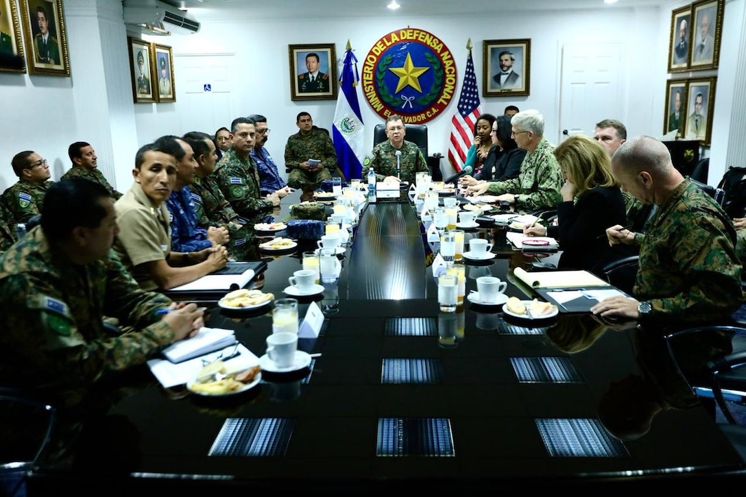 U.S. Navy Adm. Craig S. Faller, commander of U.S. Southern Command, meets with Salvadoran Minister of Defense, David Munguía Payés, and other Salvadoran military leaders to discuss security cooperation.