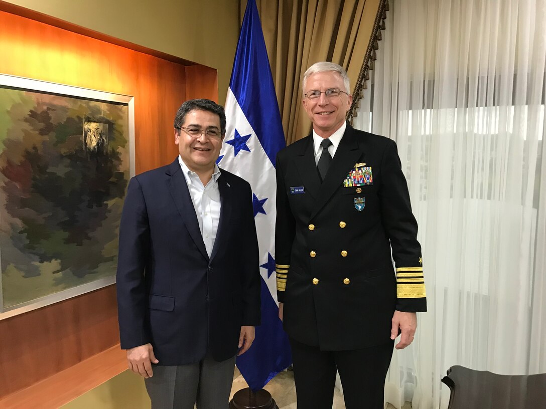 U.S. Navy Adm. Craig S. Faller, commander of U.S. Southern Command, meets with Honduran President Juan Orlando Hernandez in Honduras Jan. 22 to discuss the continuation of both nations’ security partnership.