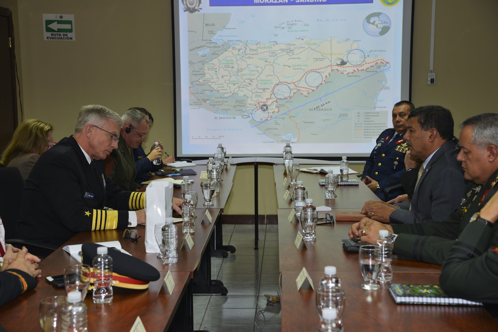 U.S. Navy Adm. Craig S. Faller, commander of U.S. Southern Command, meets with Honduran Minister of Defense Fredy Santiago Díaz Zelaya and Chief of the Honduran Armed Forces, Maj. Gen. René Orlando Ponce Fonseca Jan. 22. The leaders discussed shared efforts to bolster security in the region.
