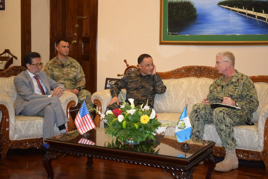 U.S. Navy Adm. Craig S. Faller, commander of U.S. Southern Command, meets Jan. 23 with Guatemalan Minister of Defense Maj. Gen. Luis Miguel Ralda Moreno.