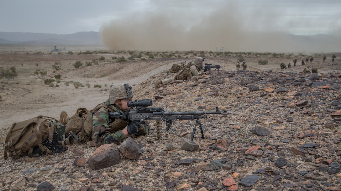 U.S. Marine Corps LCpl. Jeremy Yeager, a machine gunner with 1st Battalion, 5th Marine Regiment, participates in a simulated air assault during Steel Knight 2019 (SK19) on Marine Corps Air Ground Combat Center, Twentynine Palms, Calif., Dec. 05, 2018.