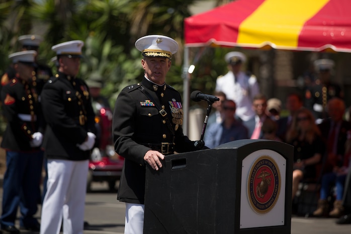 U.S. Marine Corps Maj. Gen. Eric Smith, the commanding general of 1st Marine Division,  speaks during the 5th Marines Vietnam War Memorial unveiling ceremony at Marine Corps Base Camp Pendleton, Calif., May 28, 2018.