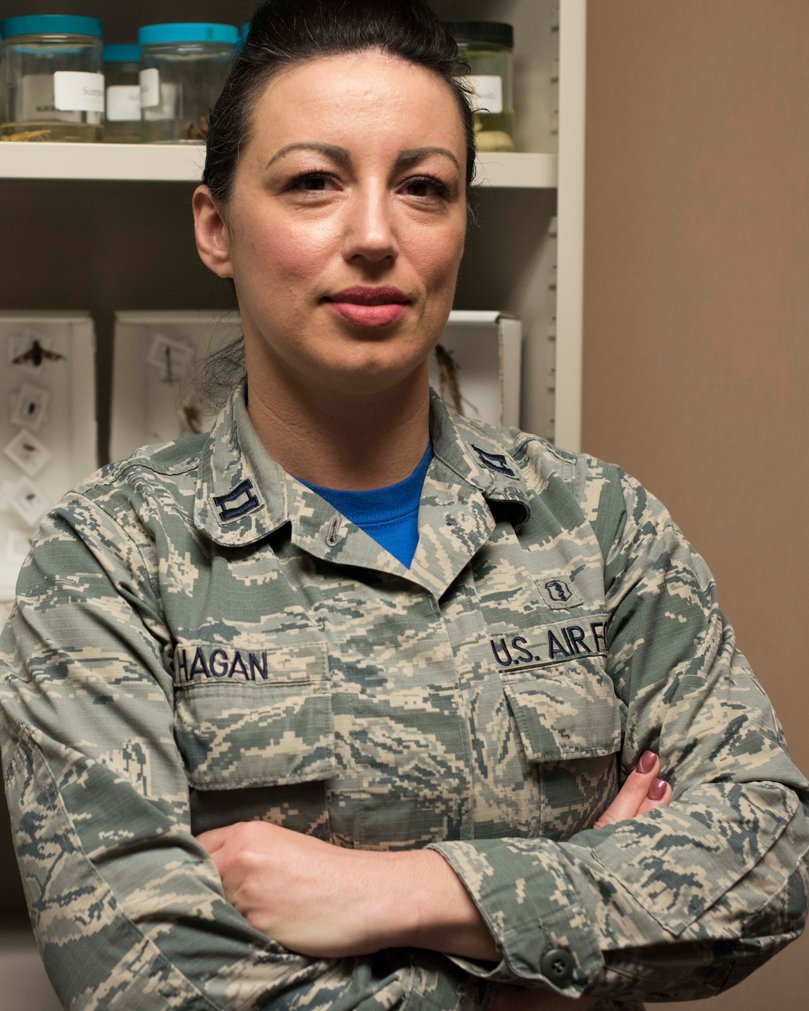 Capt. Sarah Hagan, 49th Medical Group Public Health flight commander, poses in the Public Health clinic, Jan. 11, 2019, on Holloman Air Force Base, N.M. The public health flight oversees 18 programs across the 49th Wing, and their primary missions are disease prevention and deployment readiness. (U.S. Air Force photo by Staff Sgt. BreeAnn Sachs)