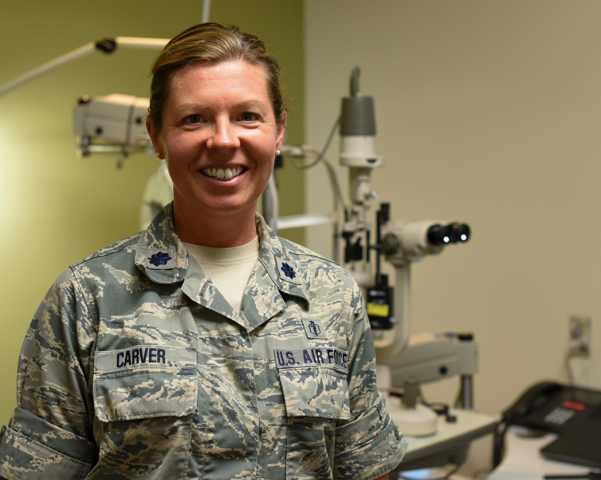 Lt. Col. Jennifer Carver, 49th Medical Group optometrist, poses in the Optometry Clinic, Jan. 23, 2019, on Holloman Air Force Base, N.M. The 49th MDG Optometry Clinic’s primary mission is to perform annual eye exams for the base community, as well as screenings for diabetics and fittings for glasses and contact lenses. (U.S. Air Force photo by Staff Sgt. BreeAnn Sachs)