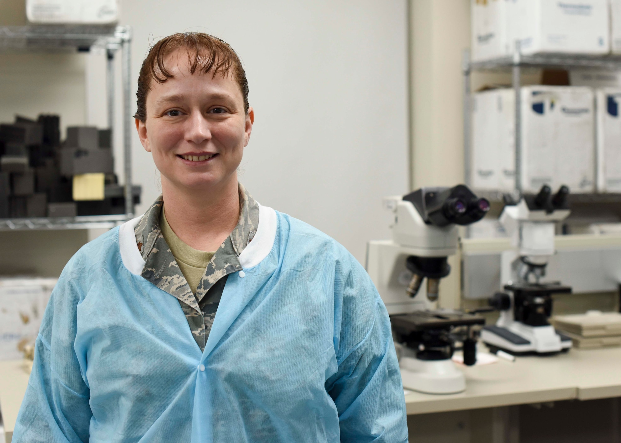 Maj. Rebecca Bird, 49th Medical Group laboratory flight commander, poses for a photo, Jan. 24, 2019, on Holloman Air Force Base, N.M. As a biomedical scientist, Bird is able to test all the chemicals and cells in the body to screen for a variety of diseases and medical conditions, and ensure the body is properly balanced. (U.S. Air Force photo by Staff Sgt. BreeAnn Sachs)