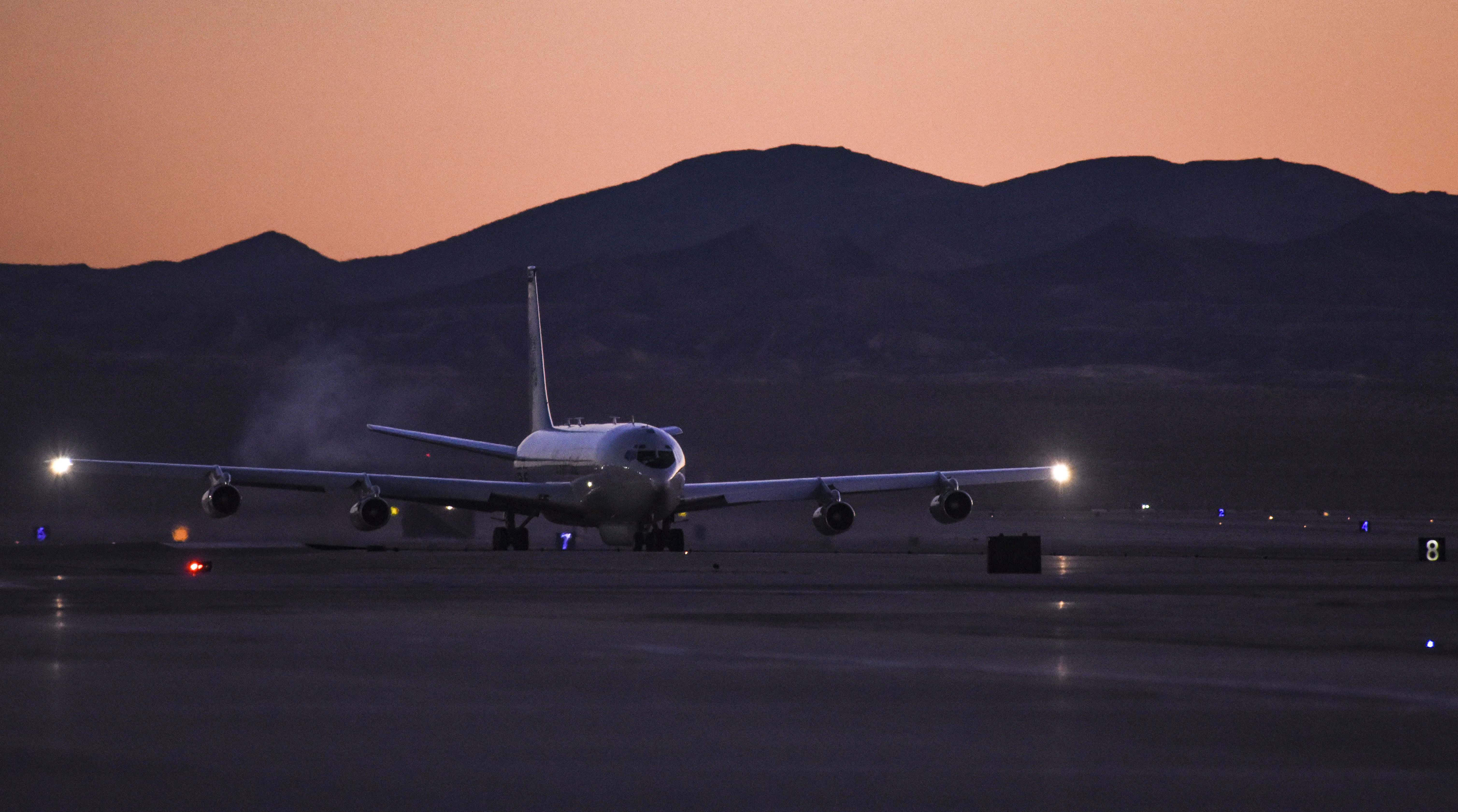 An E-8C Joint STARS (JSTARS) assigned to Robins Air Force Base, Georgia, prepares to take off Jan. 24, 2019 at Nellis Air Force Base, Nevada. JSTARS, Joint Surveillance Target Attack Radar System, participated in several Green Flag exercises. (U.S. Air Force photo by Airman 1st Class Bailee A. Darbasie)