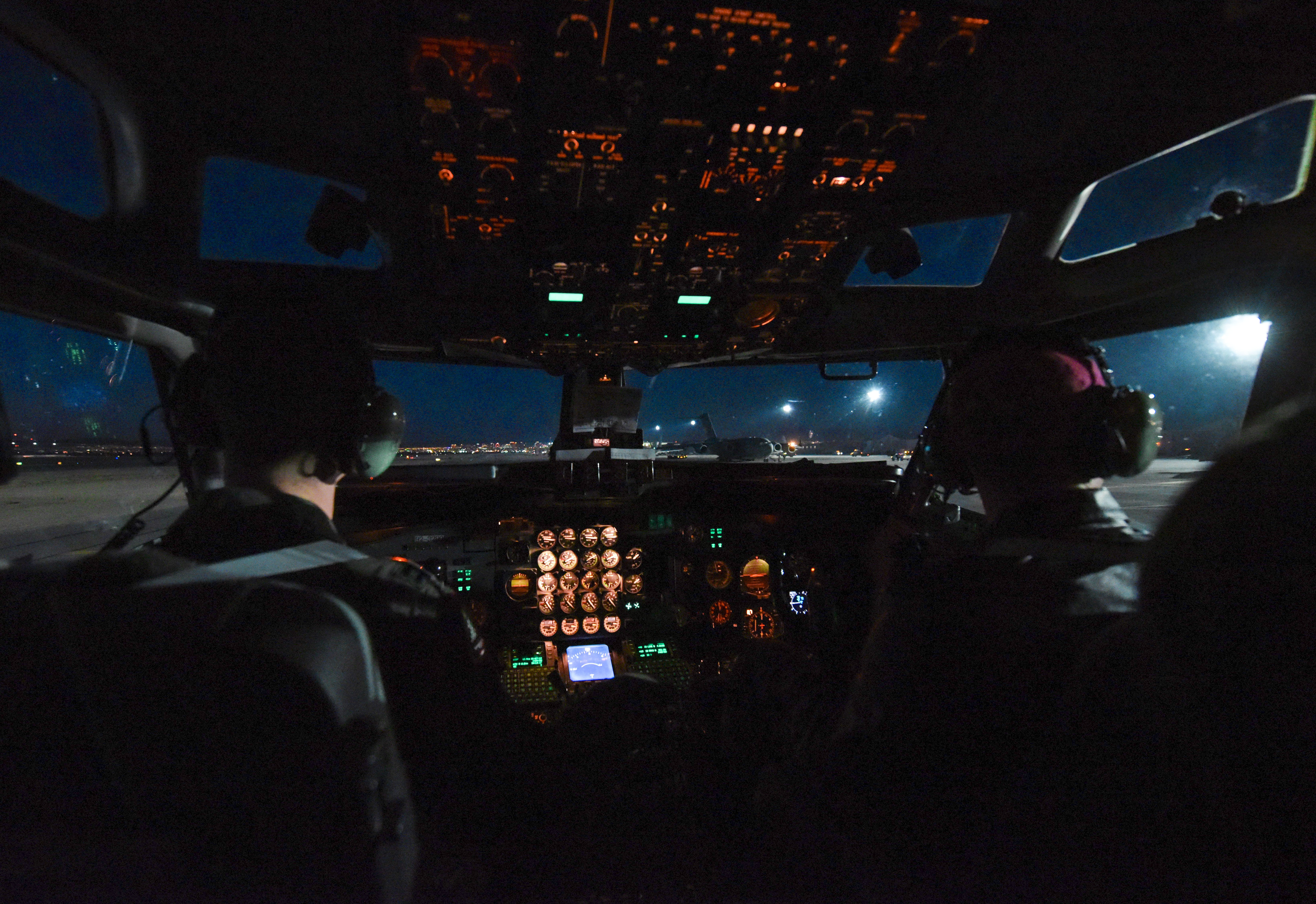 E-8C Joint STARS (JSTARS) pilots assigned to the 16th Airborne Command and Control Squadron at Robins Air Force Base, Georgia, prepare to take off Jan. 24, 2019 at Nellis Air Force Base, Nevada. JSTARS, Joint Surveillance Target Attack Radar System, use their radar system to gather intelligence for Air Force command centers and Army mobile ground stations through secure data links. (U.S. Air Force photo by Airman 1st Class Bailee A. Darbasie)