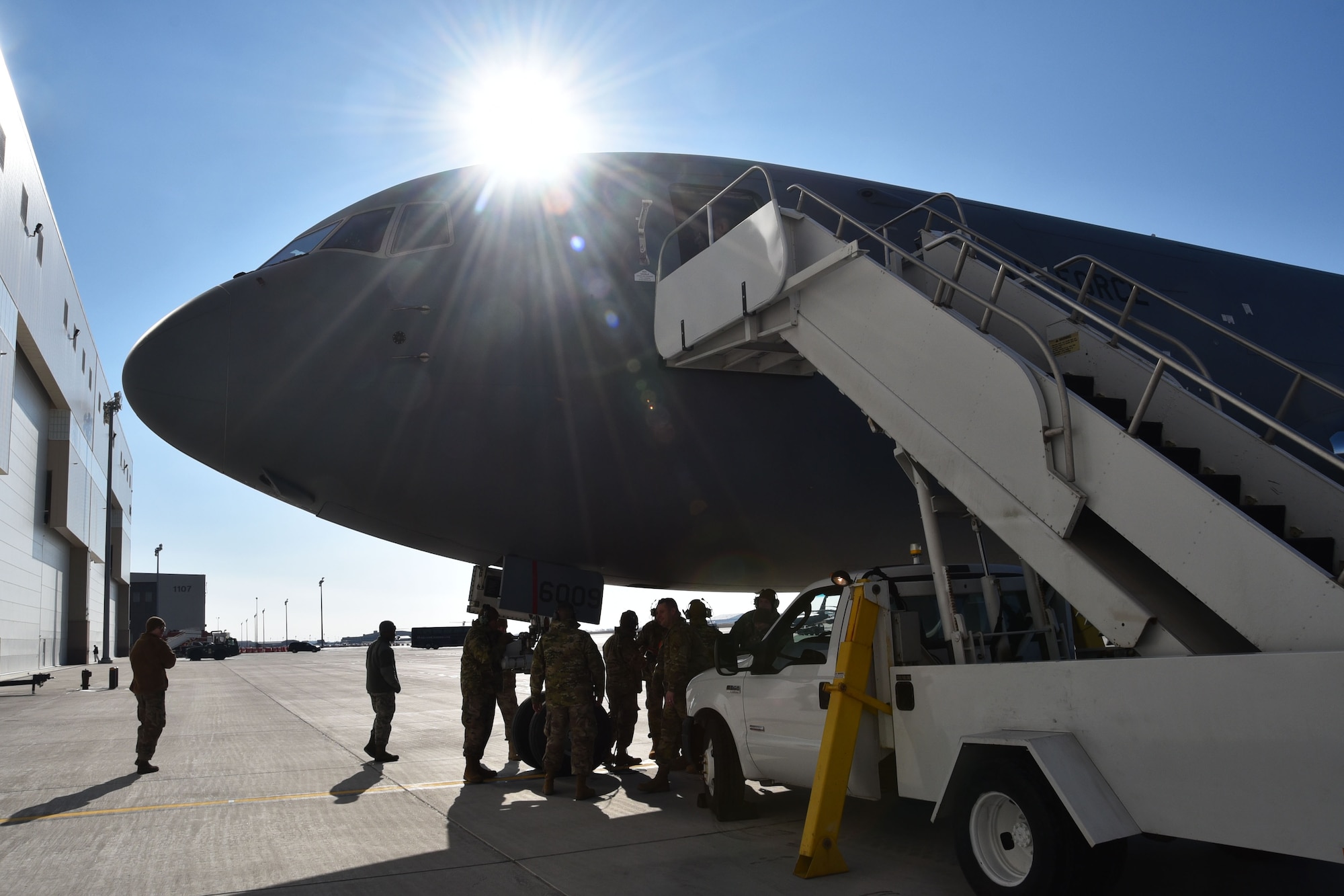 Airman from the 931st Aircraft Maintenance and 22nd Aircraft Maintenace squadron, unload the first KC-46A Pegasus delivered to McConnell during  an official arrival ceremony, Jan. 25, 2019, McConnell Air Force Base, Kan.