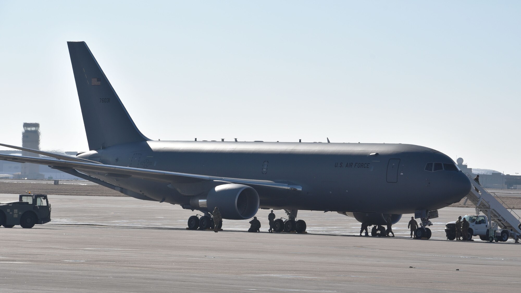 The second KC-46A Pegasus delivered to Team McConnell crewed by Reserve Citizen Airman Maj. Chris Markley, 924th Air Refueling Squadron pilot and Program Integration Office officer, Jan. 25, 2019, McConnell Air Force Base Kansas