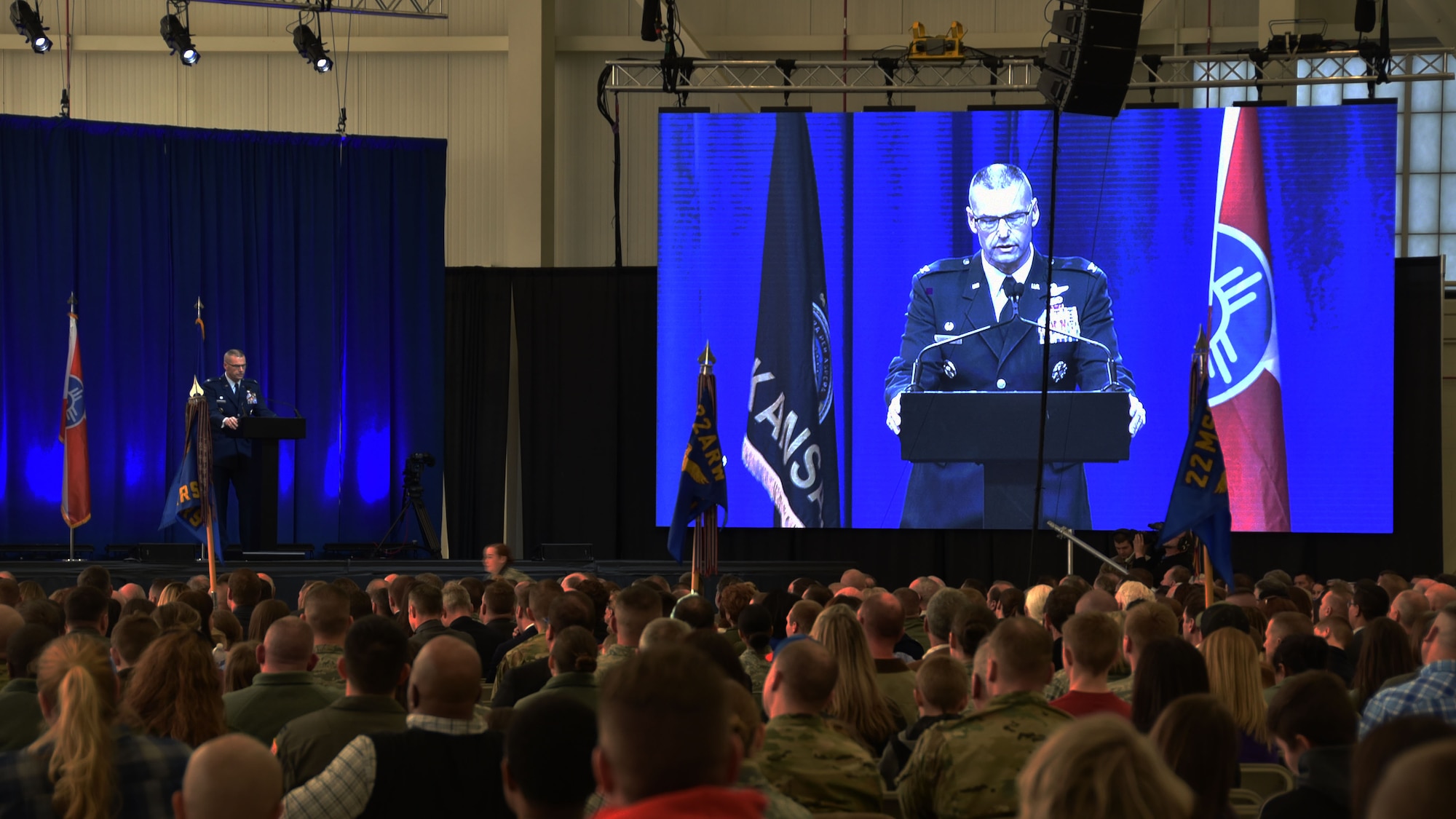 Col. Phil Heseltine, 931st Air Refueling Wing commander, speaks to an audience during the official arrival ceremony of the first two KC-46A Pegasus delivered to McConnell, Jan. 25, 2019.