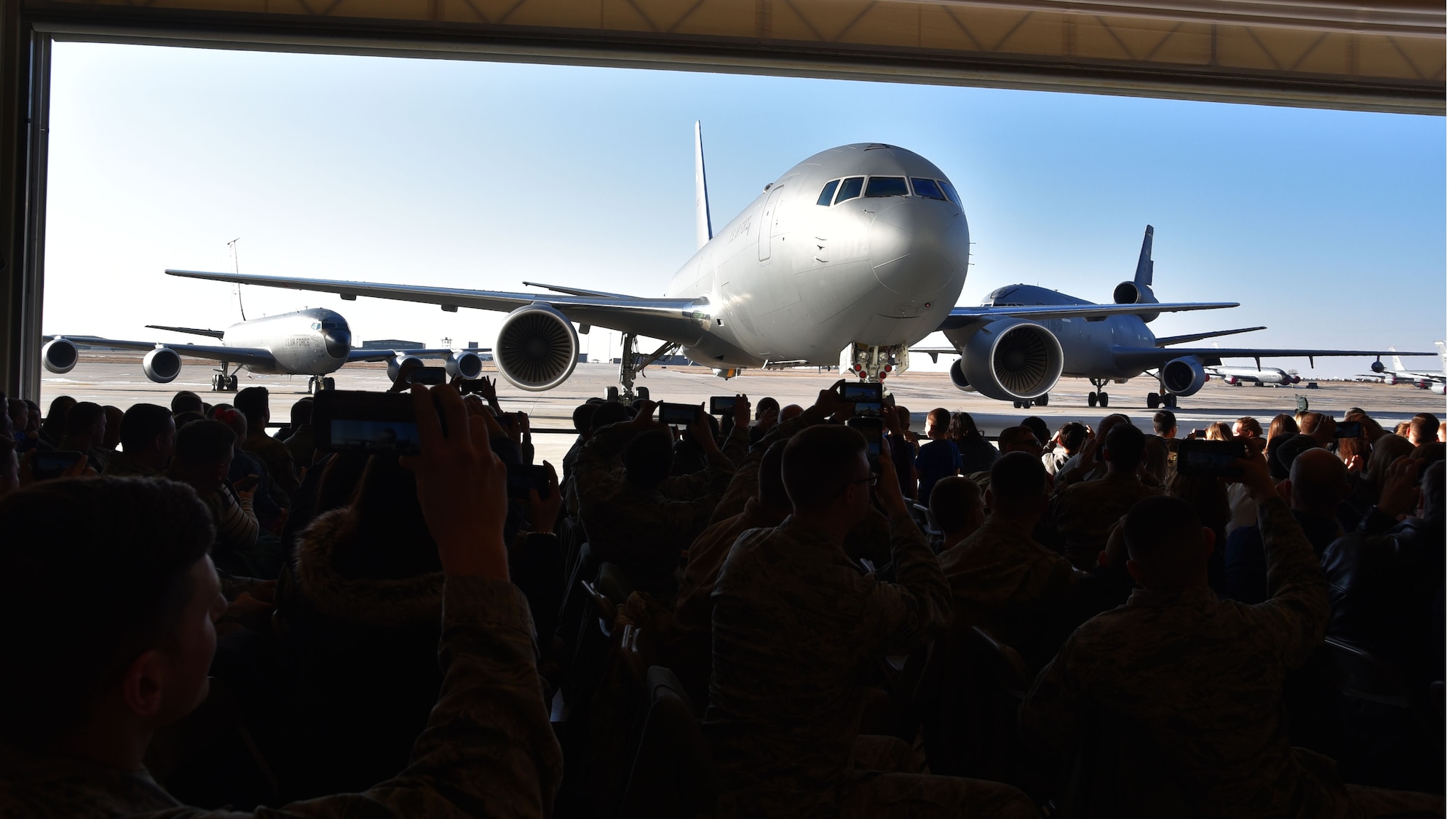 An audience attending the official arrival ceremony of the first KC-46A Pegasus to Team McConnell views the aircraft in person for the first time, Jan. 25, 2019, McConnell Air Force Base, Kan.