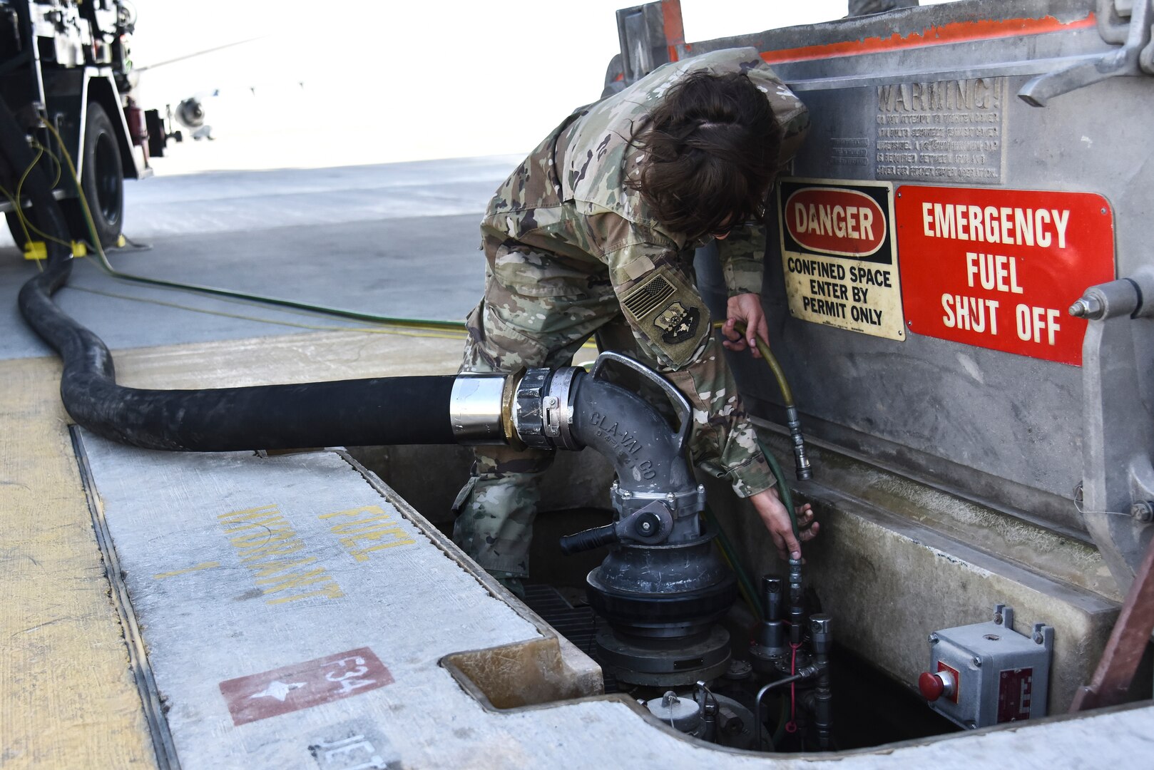 U.S. Air Force Airman 1st Class Charity Rodriguez, 380th Expeditionary Logistics Readiness Squadron fuels operations technician, fuels a KC-10 Extender at Al Dhafra Air Base, United Arab Emirates, Jan. 21, 2019. Without fuels operators, the multi-million dollar aircraft assigned wouldn’t be able to fly and support ADAB’s mission. (U.S. Air Force photo by Senior Airman Mya M. Crosby)