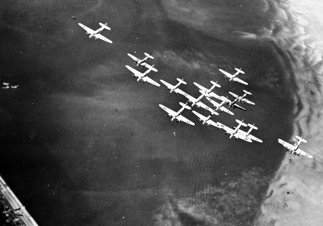 Glenn Martin A-22 “Maryland” bombers flown by South African Air Force in striking “tight box” formation on way to raid enemy harbors during North African Campaign (U.S. Office of War Information)