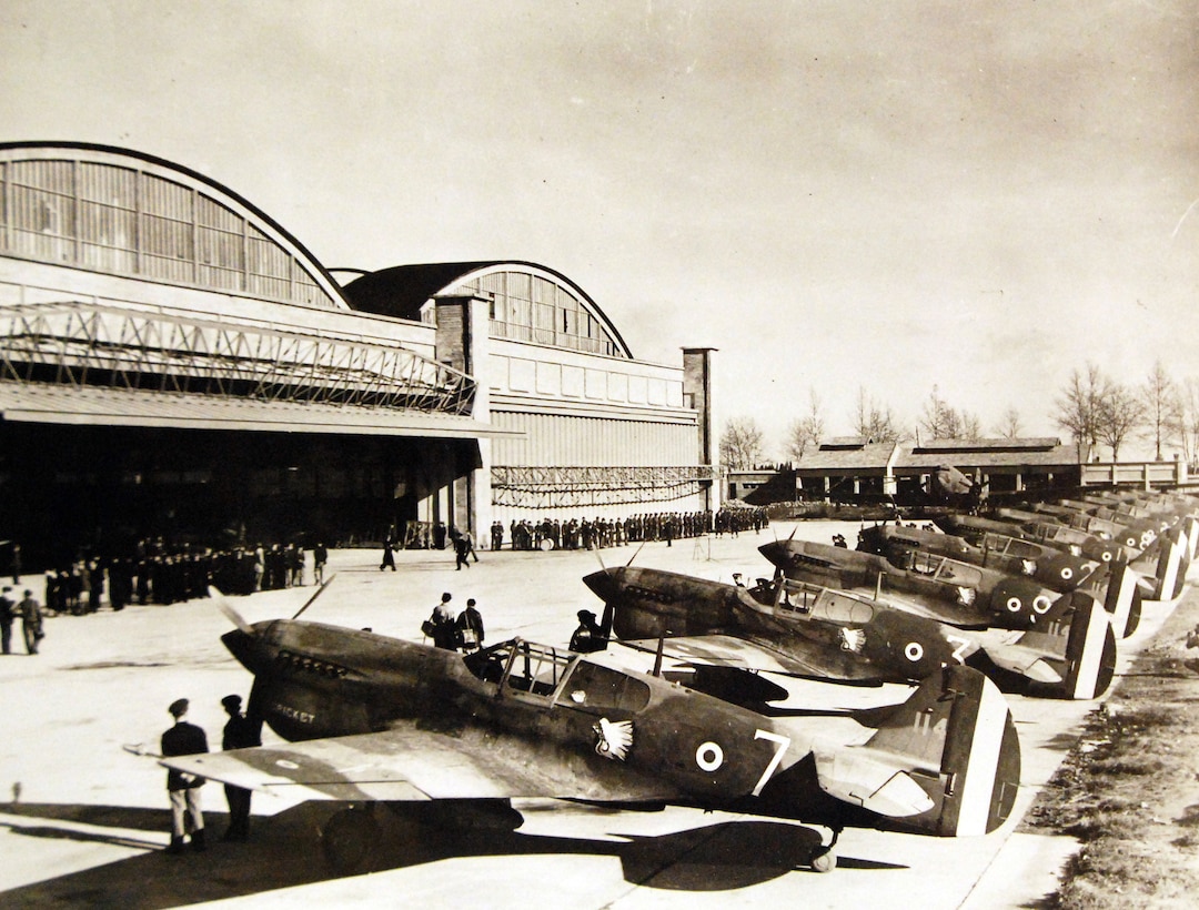 Line-up of 13 P-40 “Warhawk” aircraft presented by United States to Fighting French air forces at North African airport, circa 1943 (U.S. Office of War Information)