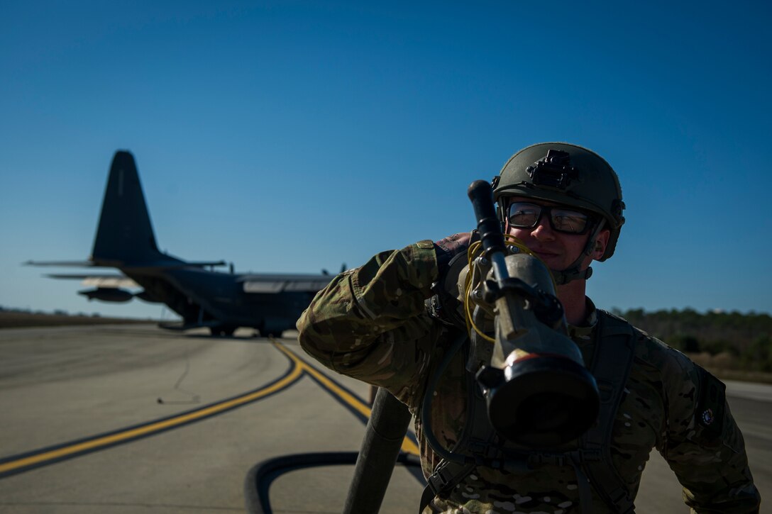Airman with 1st Special Operations Logistic Readiness Squadron conducts forward area refueling point operation at Hurlburt Field, Florida, February 26,
2017 (U.S. Air Force/Joseph Pick)