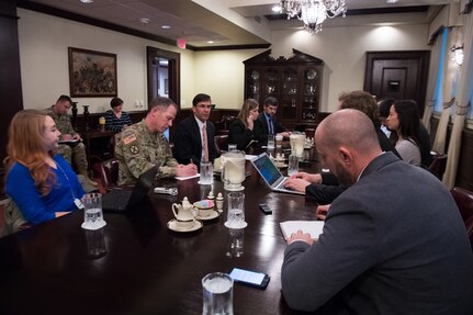 Secretary of the Army Dr. Mark T. Esper speaks to Defense writers during a roundtable at the Pentagon, Washingon, D.C., Jan. 24, 2019.