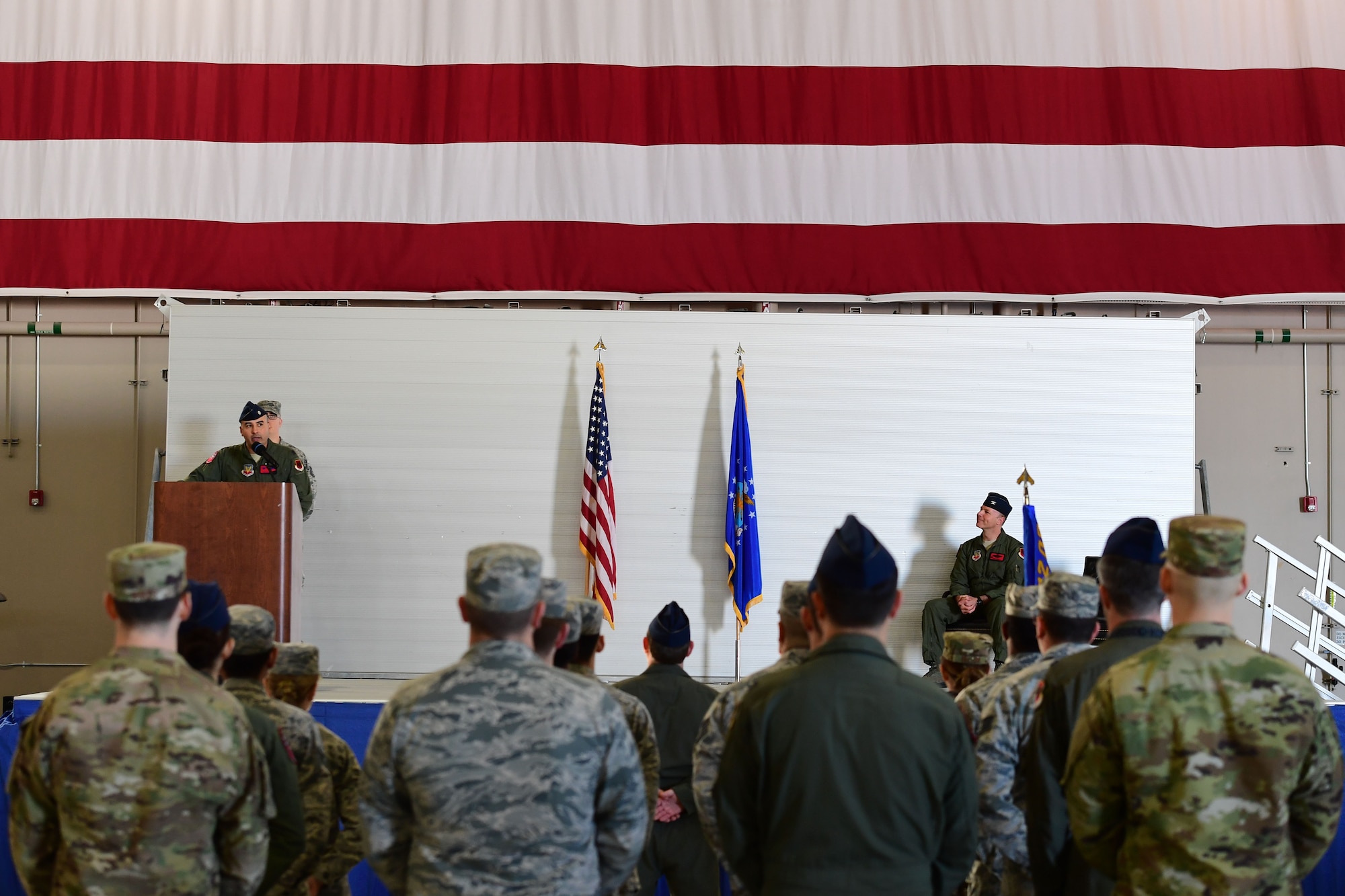Lt. Col. Hector, 732nd Operations Support Squadron commander, addresses his unit during the 732nd OSS assumption of command at Creech Air Force Base, Nevada, Jan. 23, 2019. The OSS will document the group’s best practices, whether they be combat, intelligence, weather, or infrastructure related; and communicate them appropriately throughout the Remotely Piloted Aircraft enterprise to further enable combat effectiveness and resiliency. (U.S. Air Force photo by Senior Airman Christian Clausen)