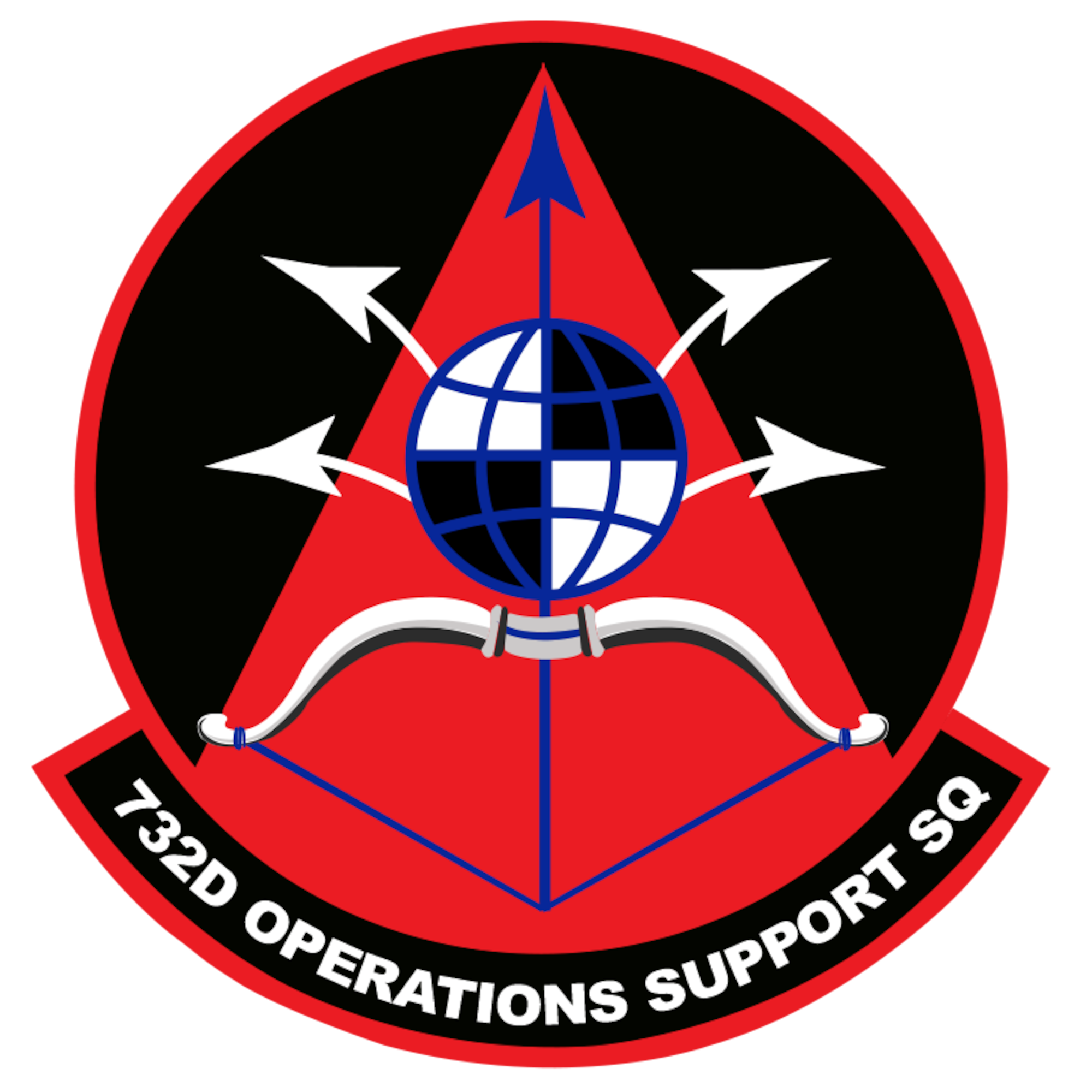 The 732nd Operations Support Squadron officially activated at Creech Air Force Base, Nevada, Jan. 23, 2019. The 732nd OSS Archers patch showcases a blue arrow leading the way through a red area representing the spreading of light. The Archers, like archers in many historic conflicts, will stay in the background drawing their bows to strike beyond the current battle to affect the future of it while setting their battlefield brothers and sisters up for success. (U.S. Air Force graphic by Senior Airman Christian Clausen)