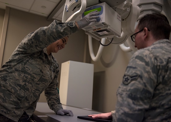 Senior Airman Laura Wakes, 92nd Medical Group diagnostic imaging technologist, prepares to take an x-ray of a patient’s hand at Fairchild Air Force Base, Washington, Jan. 25, 2019. Diagnostic imaging is one of the 17 flights within the Air Force’s Biomedical Sciences Corps. The BSC specialty is less known due to being embedded into the existing sections of Air Force medical groups that Airmen and dependents use every day, serving to compliment and strengthen patient care. (U.S. Air Force photo/Airman 1st Class Whitney Laine)
