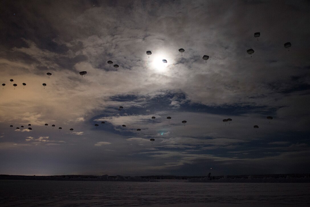 Army paratroopers descend in the night sky.