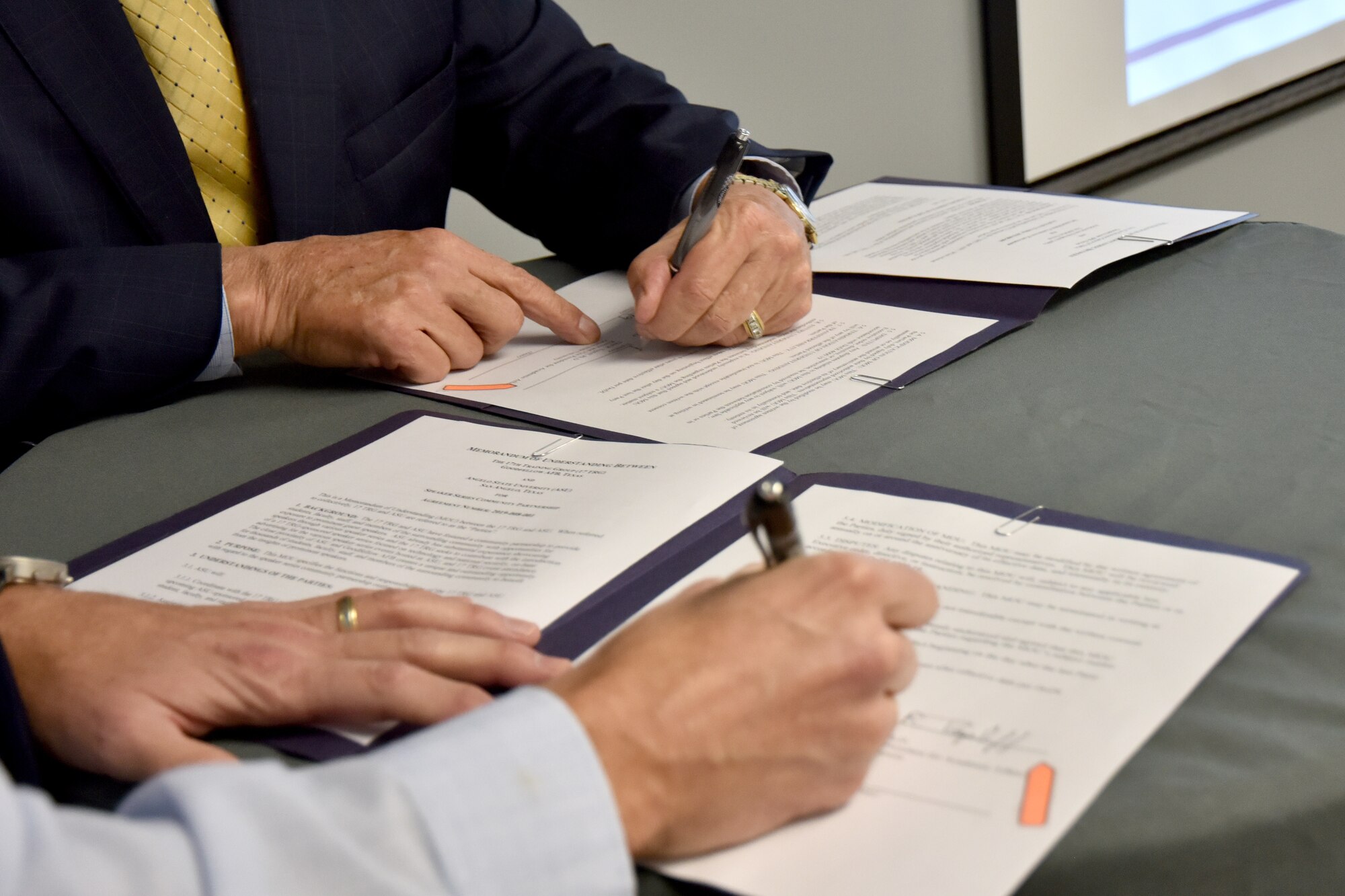 Two Memorandums of Understanding were signed during the Quarterly Community Partnership Update meeting at the Business Resource Center on Jan. 25, 2019. Goodfellow now has 28 active agreements with the signing of these MOUs, which is the most amount of agreements with community partners in the entire Department of Defense. (U.S. Air Force photo by 2nd Lt. Matthew Stott/Released)