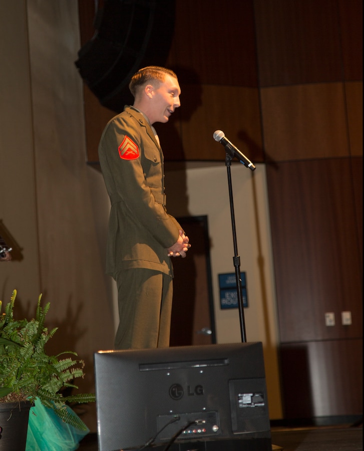 Cpl. Brendan McDowell, with S-6 Communications Department, takes a moment to thank the City of Barstow, Barstow Chamber, and the command after being honored as MCLB Barstow's Marine of the Year, during the 38th Annual Barstow Community Recognition Awards program Jan.26.