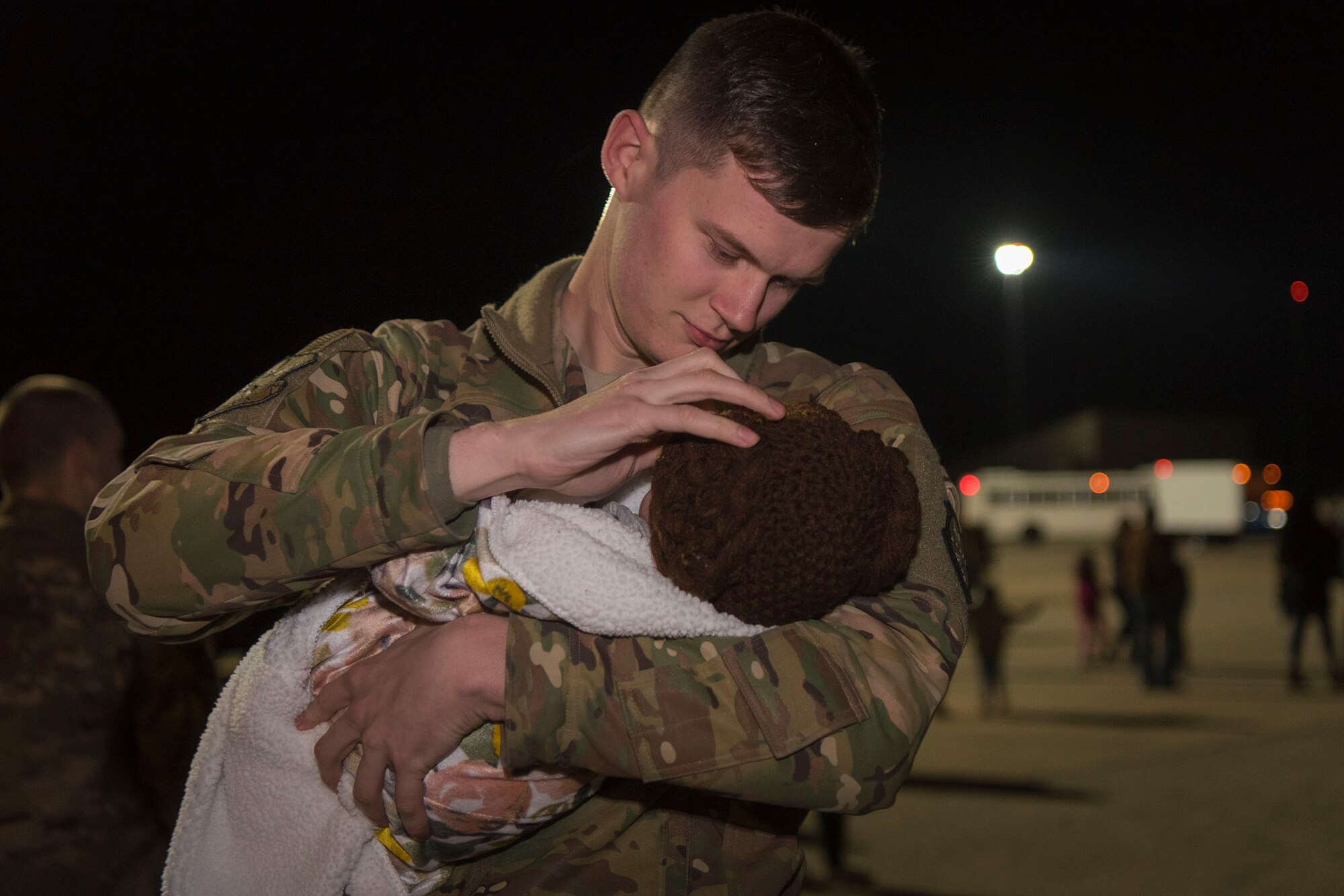 Airmen return to Moody Air Force Base, Ga., from a deployment in southwest Asia, Jan. 24, 2019. Reintegration events like these are especially important to Moody’s Airmen and their families as Moody is the most deployed base in Air Combat Command. (U.S. Air Force photo by Airman Taryn Butler)