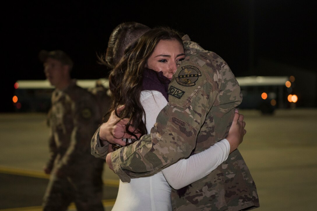 Airmen return to Moody Air Force Base, Ga., from a deployment in southwest Asia, Jan. 24, 2019. Reintegration events like these are especially important to Moody’s Airmen and their families as Moody is the most deployed base in Air Combat Command. (U.S. Air Force photo by Airman Taryn Butler)
