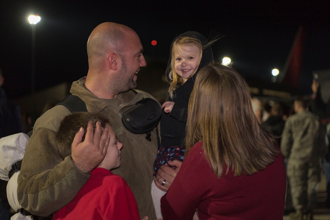Airmen return to Moody Air Force Base, Ga., from a deployment in southwest Asia, Jan. 24, 2019. Reintegration events like these are especially important to Moody’s Airmen and their families as Moody is the most deployed base in Air Combat Command. (U.S. Air Force photo by Airman Taryn Butler)