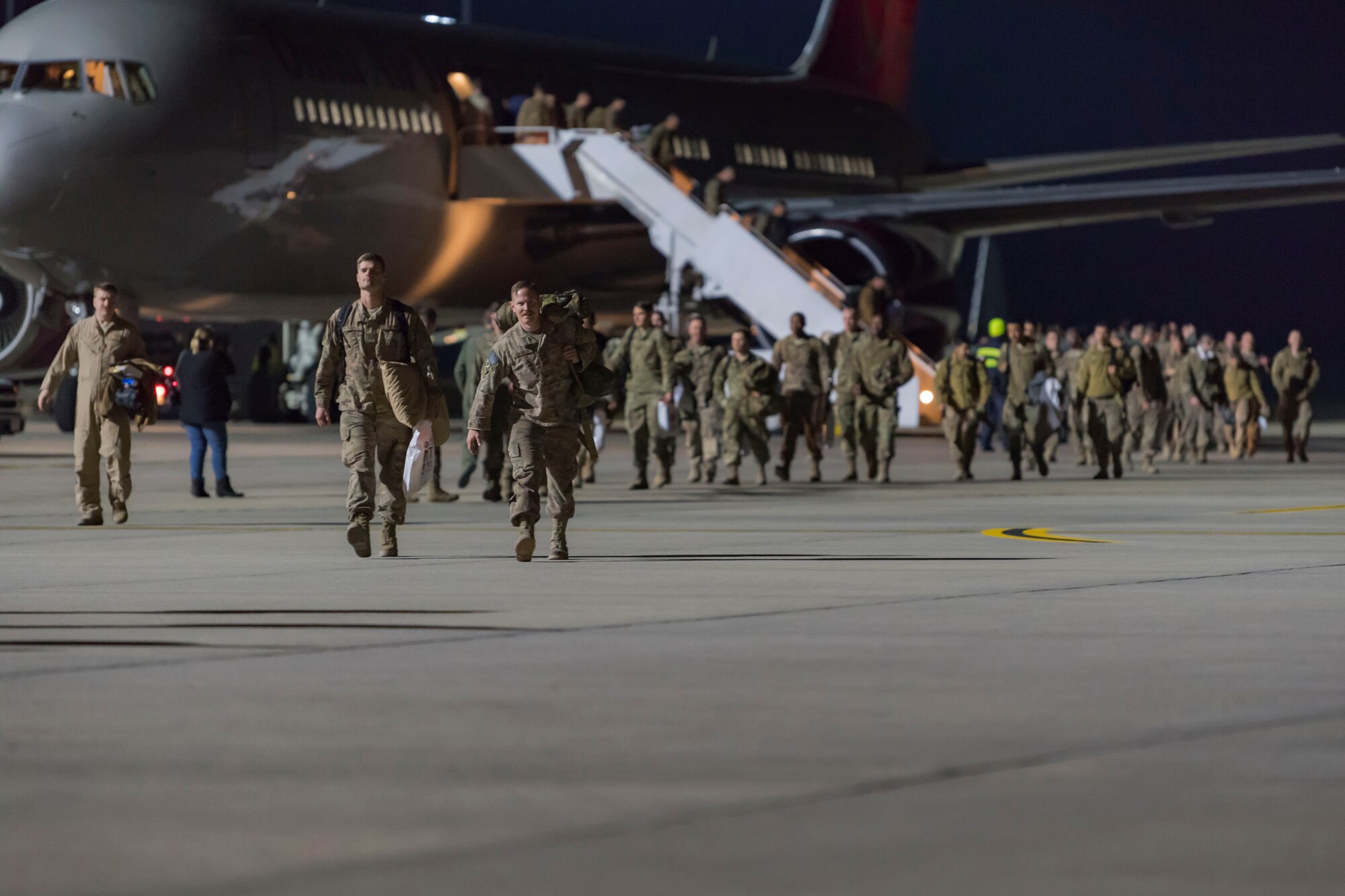 Airmen return to Moody Air Force Base, Ga., from a deployment in southwest Asia, Jan. 24, 2019. Reintegration events like these are especially important to Moody’s Airmen and their families as Moody is the most deployed base in Air Combat Command. (U.S. Air Force photo by Airman Taryn Butler)