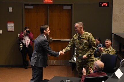 Dr. Hank Bounds, University of Nebraska at Omaha (UNO) president, welcomes Gen. John Hyten, commander of U.S. Strategic Command, to UNO’s Mammel Hall, Jan. 17, 2019. Hyten delivered the keynote address during the USSTRATCOM Leadership Strategic Leadership Fellows Program kickoff. (U.S. Air Force photo by Staff Sgt. Ian Hoachlander)