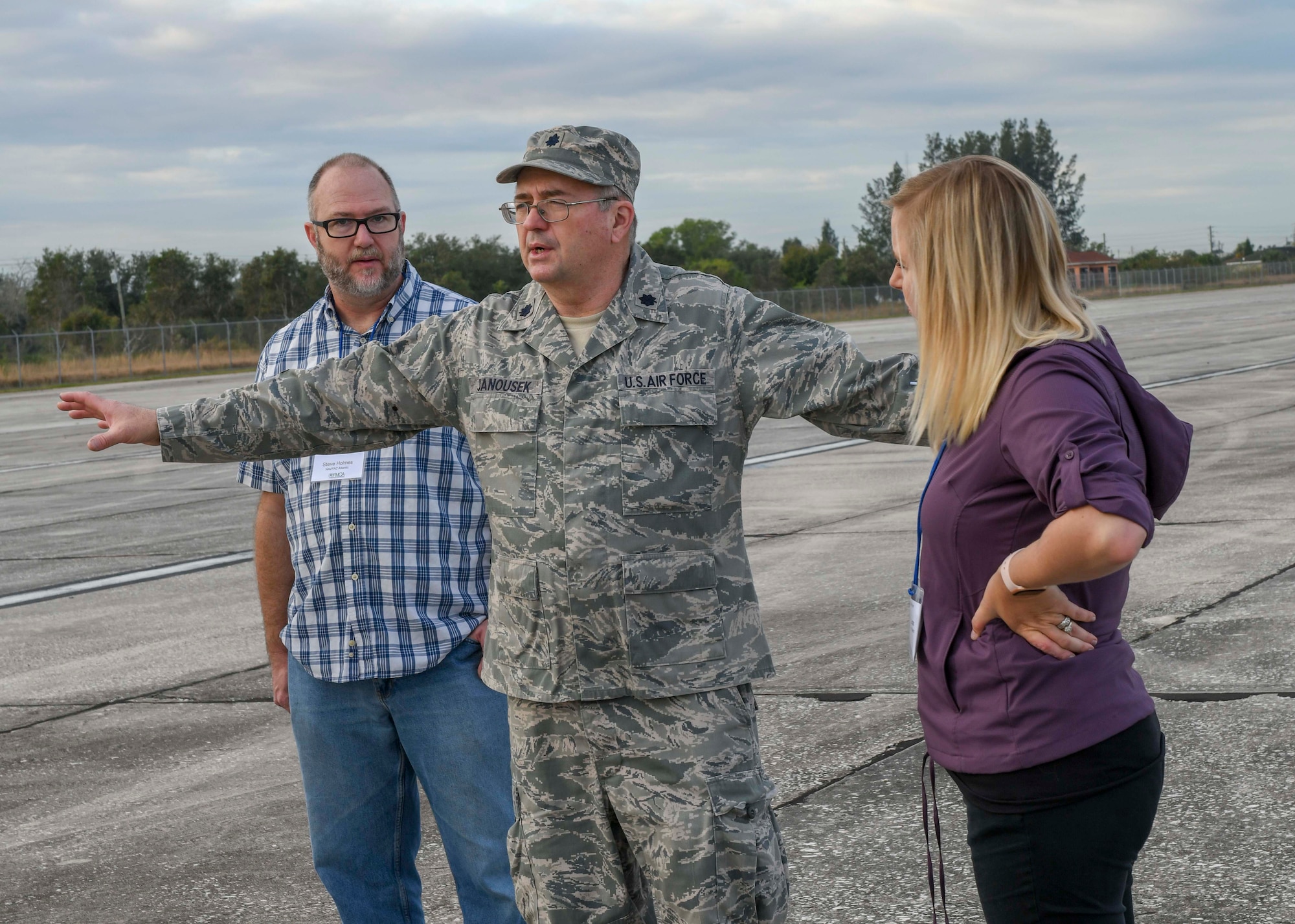 Lt. Col. Tom Janousek, an entomologist assigned to the 910th Airlift Wing's 757th Airlift Squadron, explains to attendees of a Department of Defense aerial spray course the techniques used during an aerial spray demonstration, Jan. 9, 2019 at the Buckingham Air Field at the Lee County Mosquito Control District facilities in Lehigh Acres, Florida.