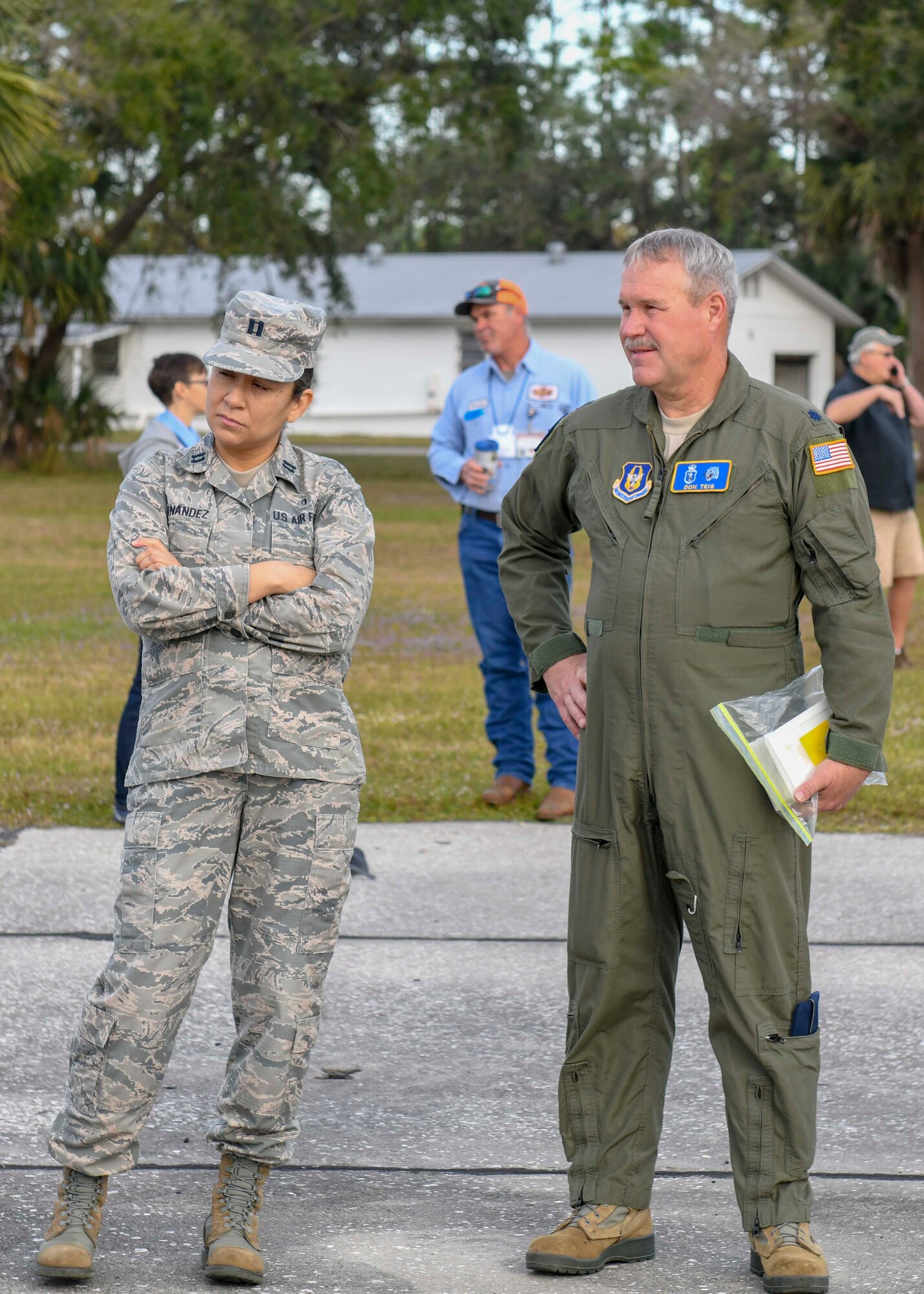 Lt. Col. Don Teig, an entomologist assigned to the 910th Airlift Wing's 757th Airlift Squadron, discusses observations during a C-130H Hercules flyover aerial spray demonstration, Jan. 9, 2019 at the Buckingham Air Field at the Lee County Mosquito Control District facilities in Lehigh Acres, Florida during a Department of Defense aerial spray course.