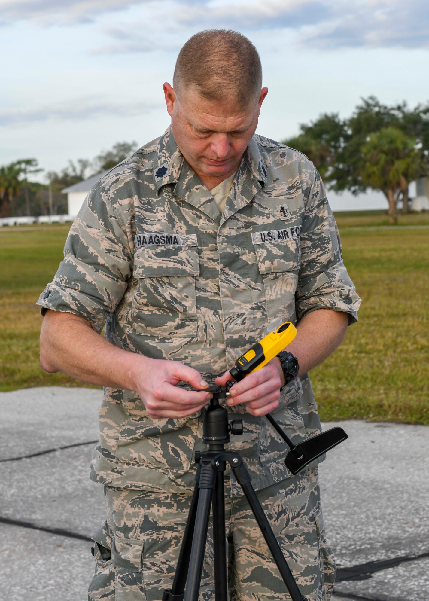 Lt. Col. Karl Haagsma, an entomologist assigned to the 910th Airlift Wing’s 757th Airlift Squadron, disassembles an anemometer (weather meter) Jan. 9, 2019 at the Buckingham Air Field at the Lee County Mosquito Control District facilities in Lehigh Acres, Florida during a Department of Defense aerial spray course.
