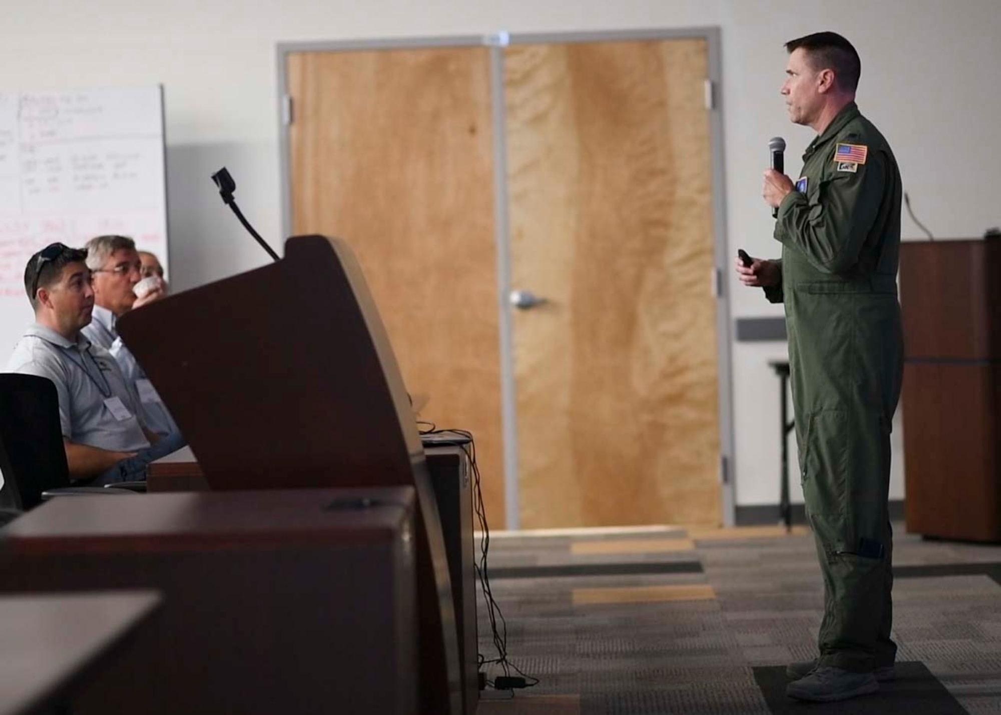 Lt. Col. Mark Breidenbaugh, the chief entomologist assigned to the 910th Airlift Wing's 757th Airlift Squadron, explains C-130H Hercules swath characterizations to the audience during a Department of Defense aerial spray course, Jan. 8, 2019 at the Lee County Mosquito Control District facilities in Lehigh Acres, Florida.