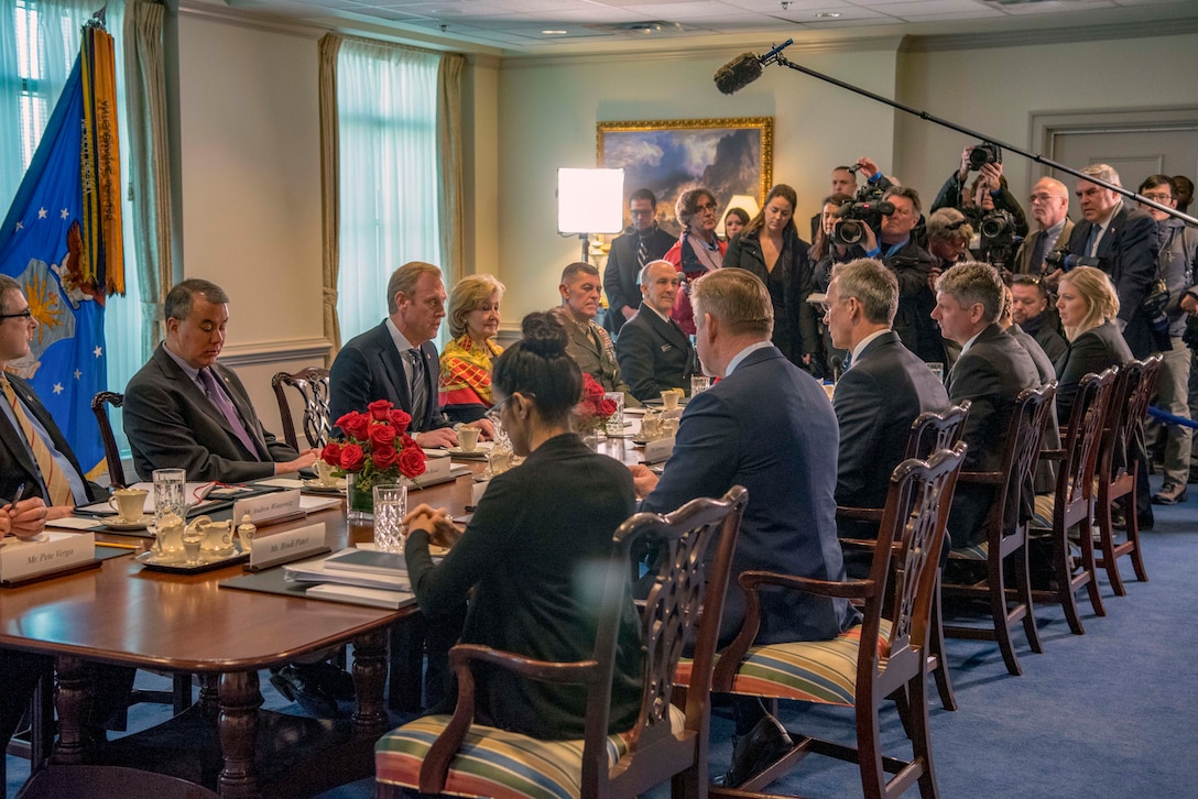 Defense Department and NATO officials sit at a meeting table.