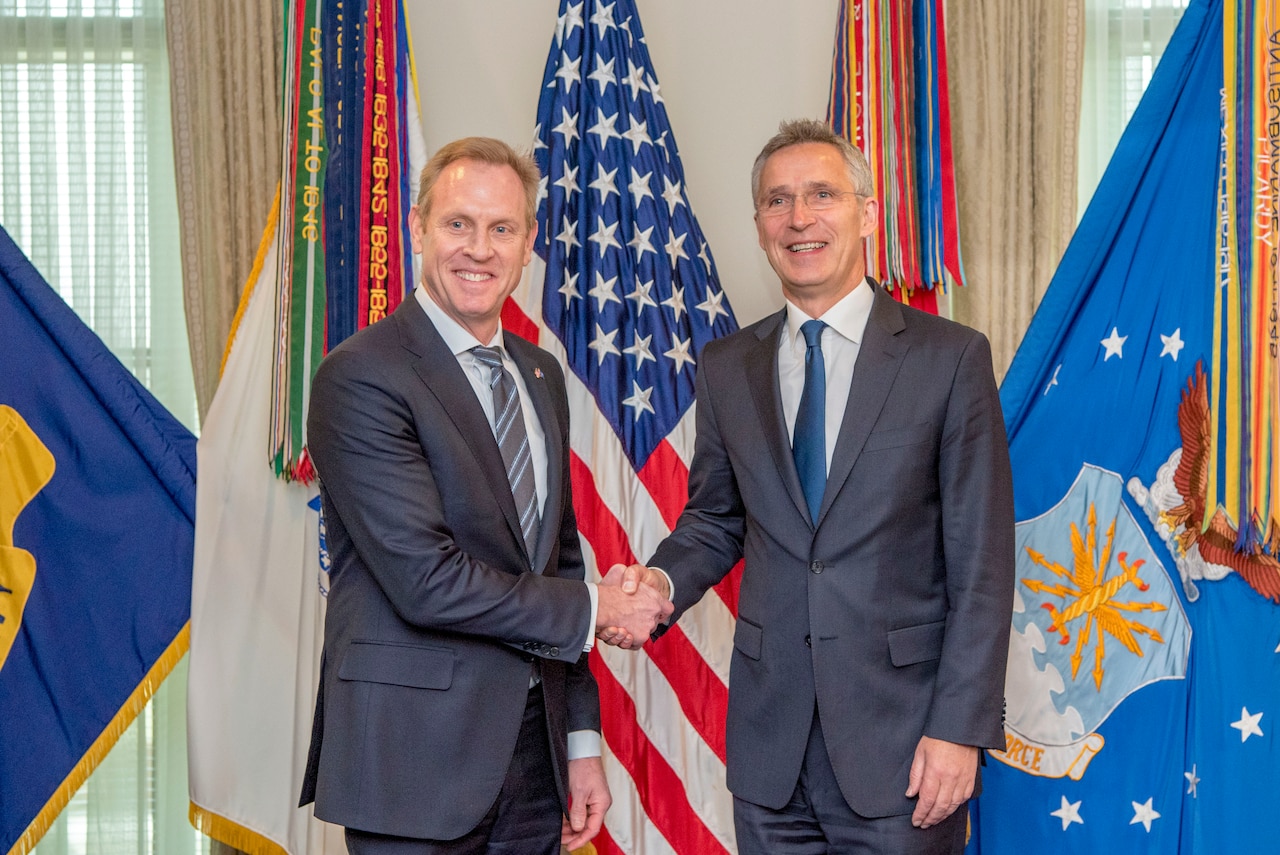 Acting defense secretary and NATO secretary general shake hands in front of a U.S. flag.