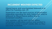 Snow accumulation is forecast for the Huntsville tomorrow morning and local school districts have announced school closures. Liberal leave and unscheduled telework is in effect for Tuesday, Jan.29, 2019 for Huntsville Center employees with duty in Huntsville. Please discuss your plans for tomorrow directly with your supervisor, and use caution if commuting in the morning.Check Huntsville Center's social media sites for any updates.