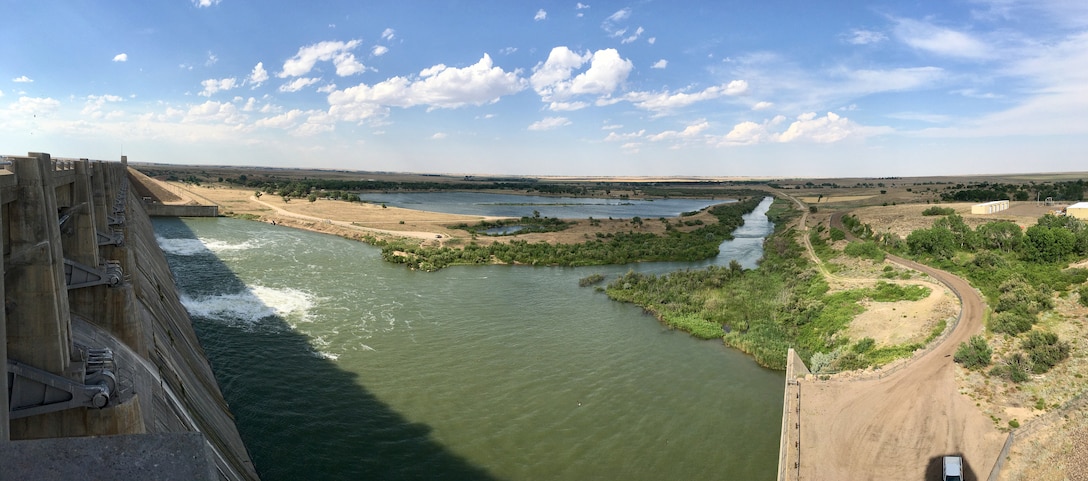 JOHN MARTIN RESERVOIR, Colo. – View of the dam’s stilling basin as seen on June 14, 2018, before it was dewatered.
