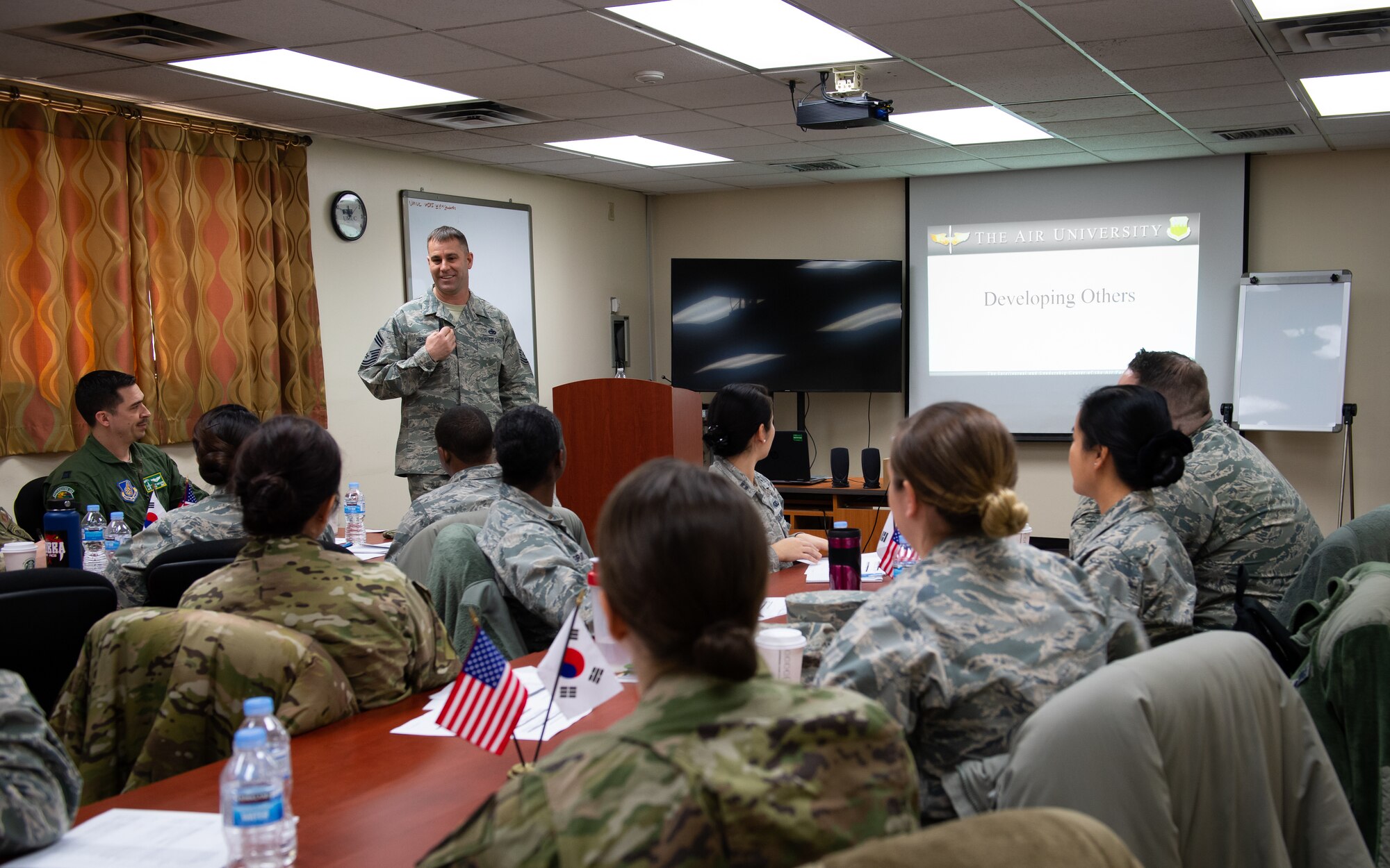 U.S. Air Force Chief Master Sgt. Roy Hensley, superintendent with the 51st Logistics Readiness Squadron, teaches the first Flight Commander’s Course at Osan Air Base, Republic of Korea, Jan. 28, 2019.