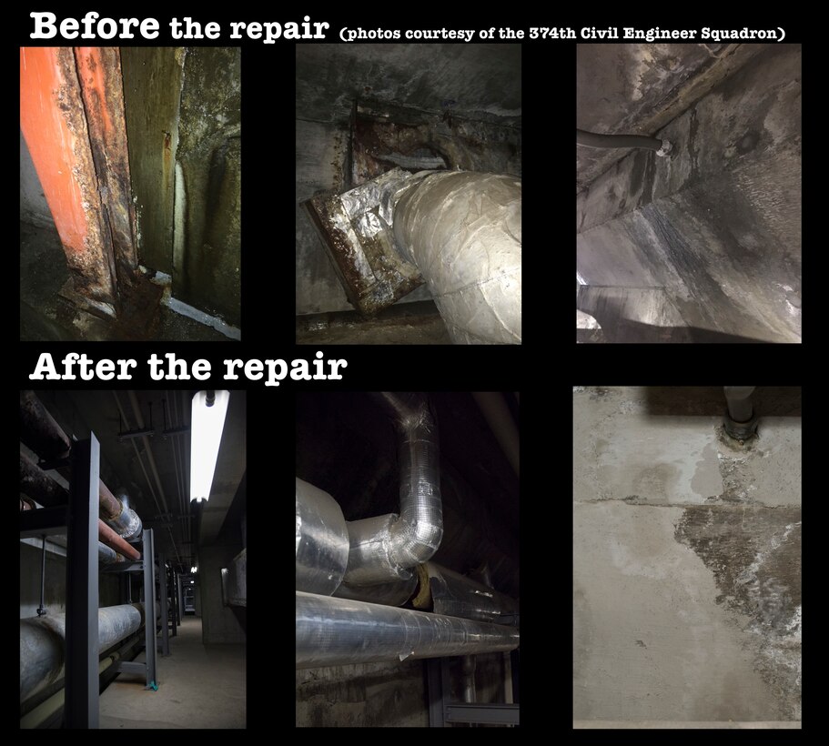 The top three photos show how much damage was caused by water leaks. The bottom three photos show results after the repair at Yokota Air Base, Japan, Jan. 23, 2019. (Photo courtesy of the 374th Civil Engineer Squadron)