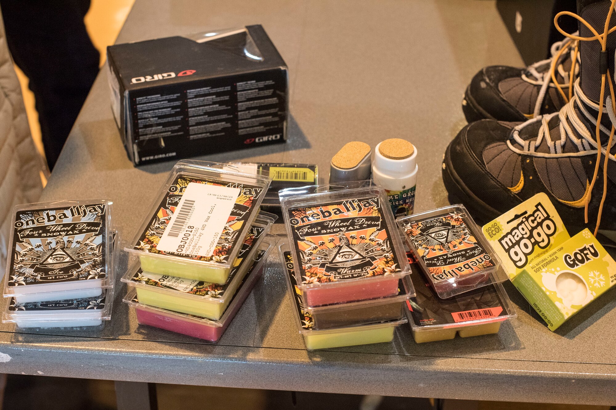 Vendors sell their lightly-used snow equipment to Team Misawa members interested in winter sports at Misawa Air Base, Japan, Jan. 26, 2019. Items such as snowboard wax and snow boots are sold at a low cost inspire individuals to get involved in recreational sports during the winter. (U.S. Air Force photo by 1st Lt. Jeremy Garcia)