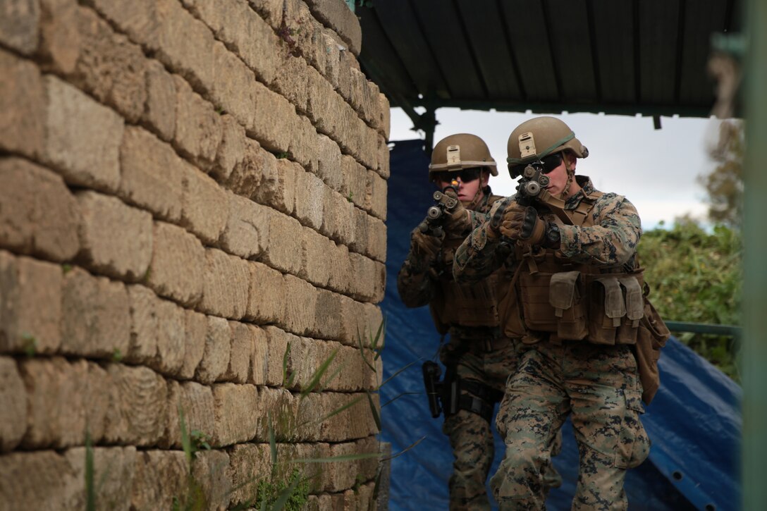 U.S. Marines with Special Purpose Marine Air-Ground Task Force- Crisis Response-Africa 19.1 conduct room-clearing drills on Etna Range, Sicily, Italy, Jan. 10, 2019.