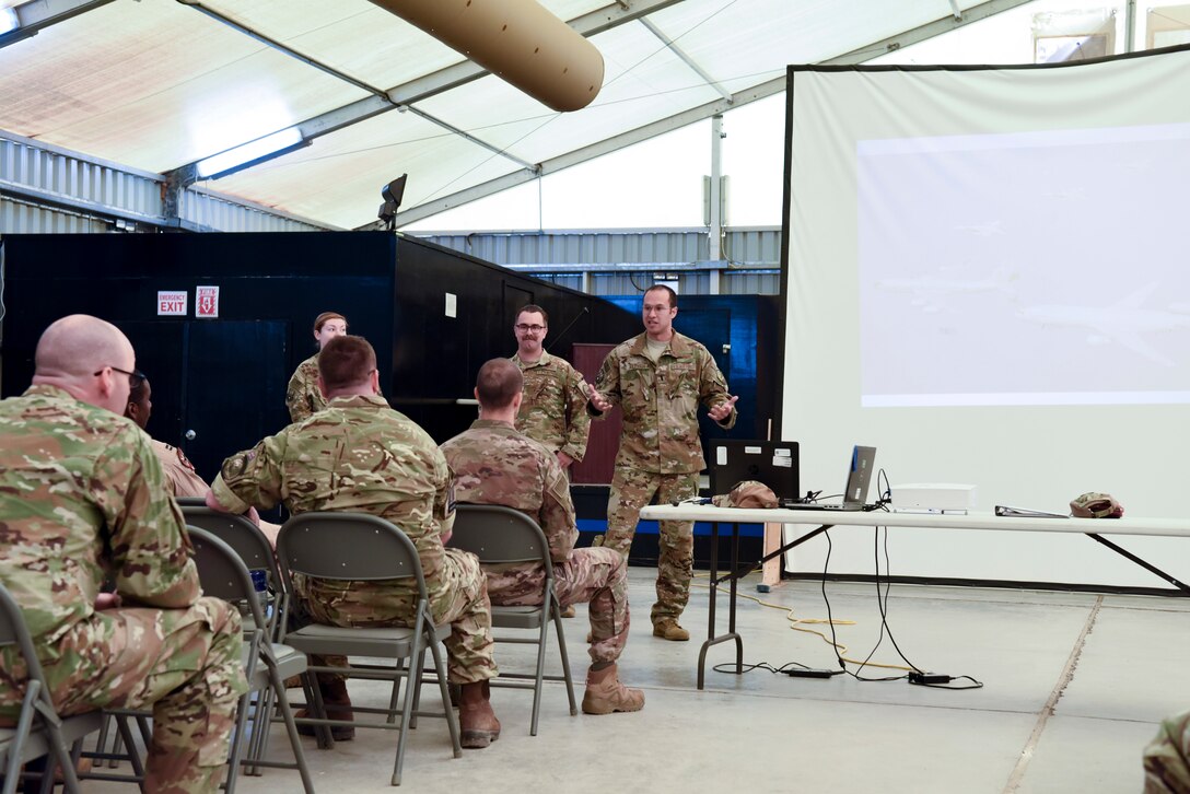 U.S. Air Force 1st Lieutenant Mark Creel, 380th Expeditionary Aircraft Maintenance Squadron, briefs about the U-2 Dragon Lady’s capabilities during the “Mission X” briefings at Al Dhafra Air Base, United Arab Emirates, Jan. 24, 2019.
