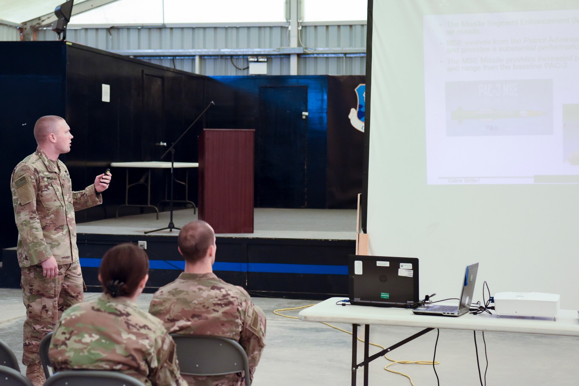 U.S. Army 1st Lieutenant Paul Spikes, 1st Battalion, 43rd Air Defense Artillery Regiment, briefs about the Patriot missile capabilities during the “Mission X” briefings at Al Dhafra Air Base, United Arab Emirates, Jan. 24, 2019.