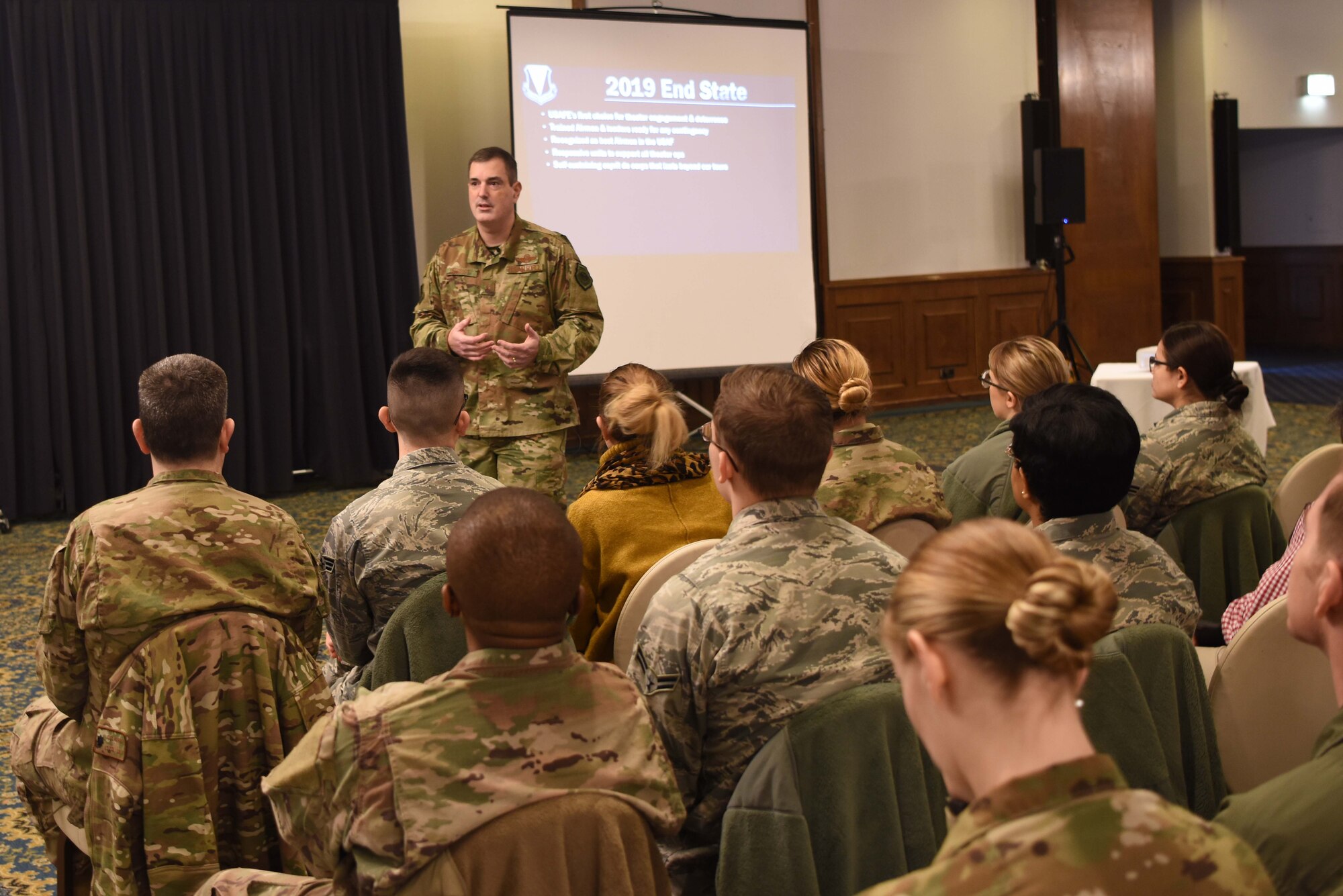 U.S. Air Force Brig. Gen. Mark R. August, 86th Airlift Wing commander speaks with Airmen at an all-call on Ramstein Air Base, Germany, Jan. 25, 2019. August spoke about the accomplishments and challenges of 2018.