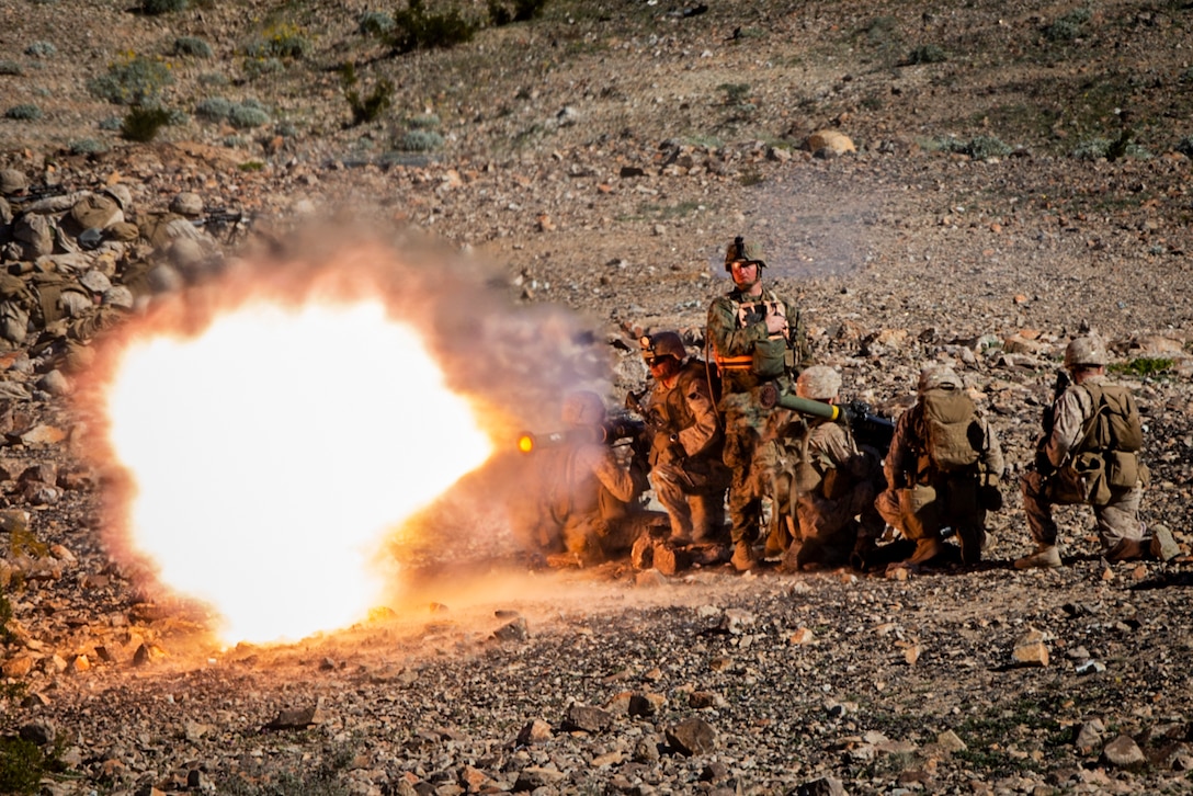 U.S. Marines with Charlie Company, 1st Battalion, 7th Marine Regiment, Marine Air-Ground Task Force-6 (MAGTF-6) fire a Shoulder-Mounted Assault Weapon while executing a company attack on Range 400 during Integrated Training Exercise (ITX) 2-19 aboard Marine Corps Air-Ground Combat Center Twentynine Palms, Calif., Jan. 25, 2019.